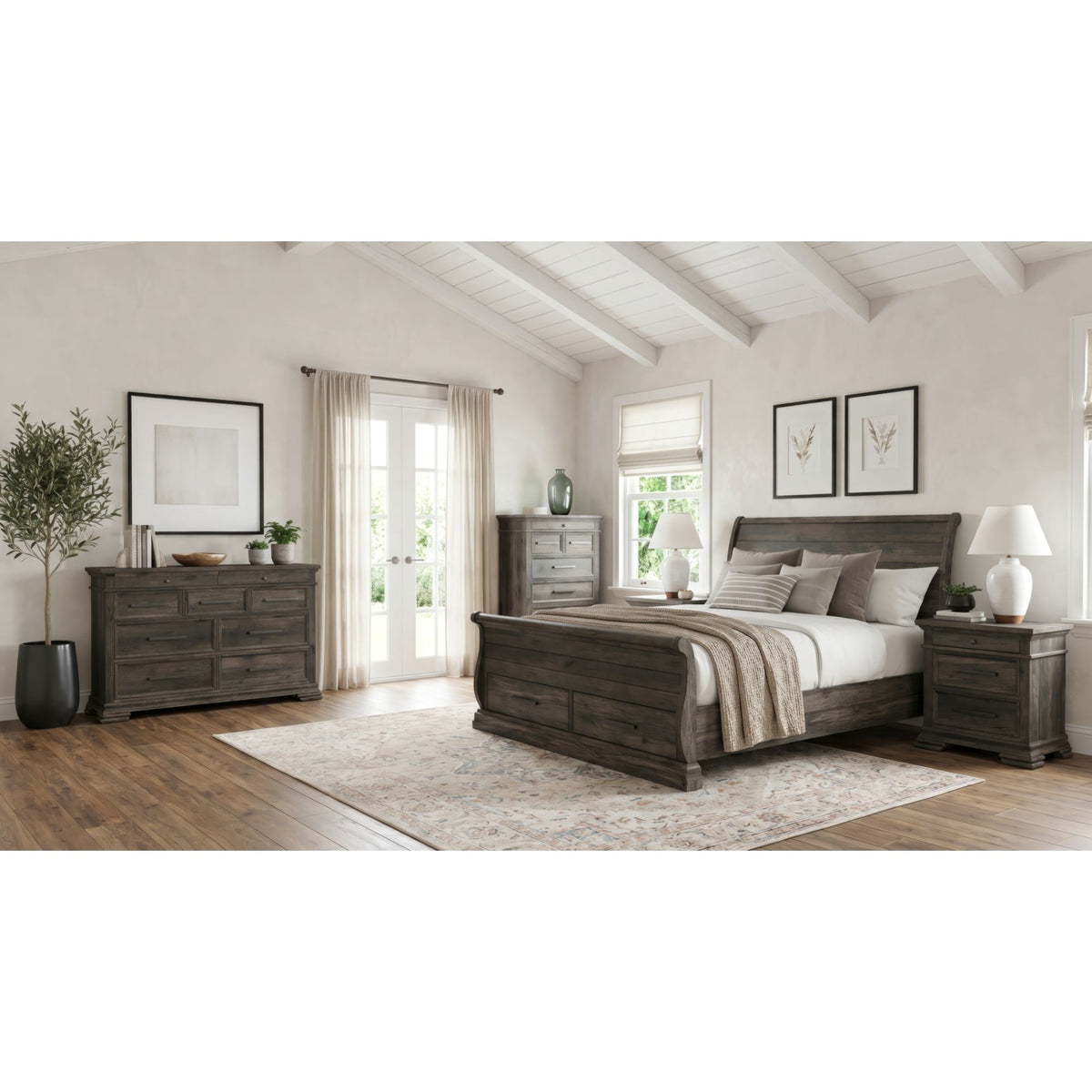Park Ridge Charcoal 5-Piece Queen Sleigh Storage Bedroom Set with 2 Nightstands, Dresser & Chest - Ornate Home