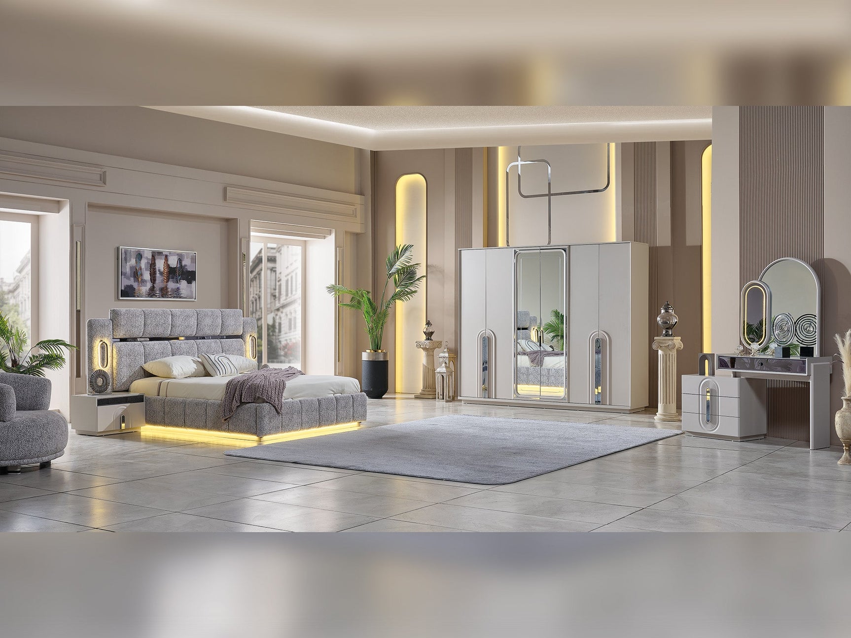 Parma Cream/Grey Bedroom Set (Queen Frame With Headboard & Dresser With Mirror & 2 Nightstand)