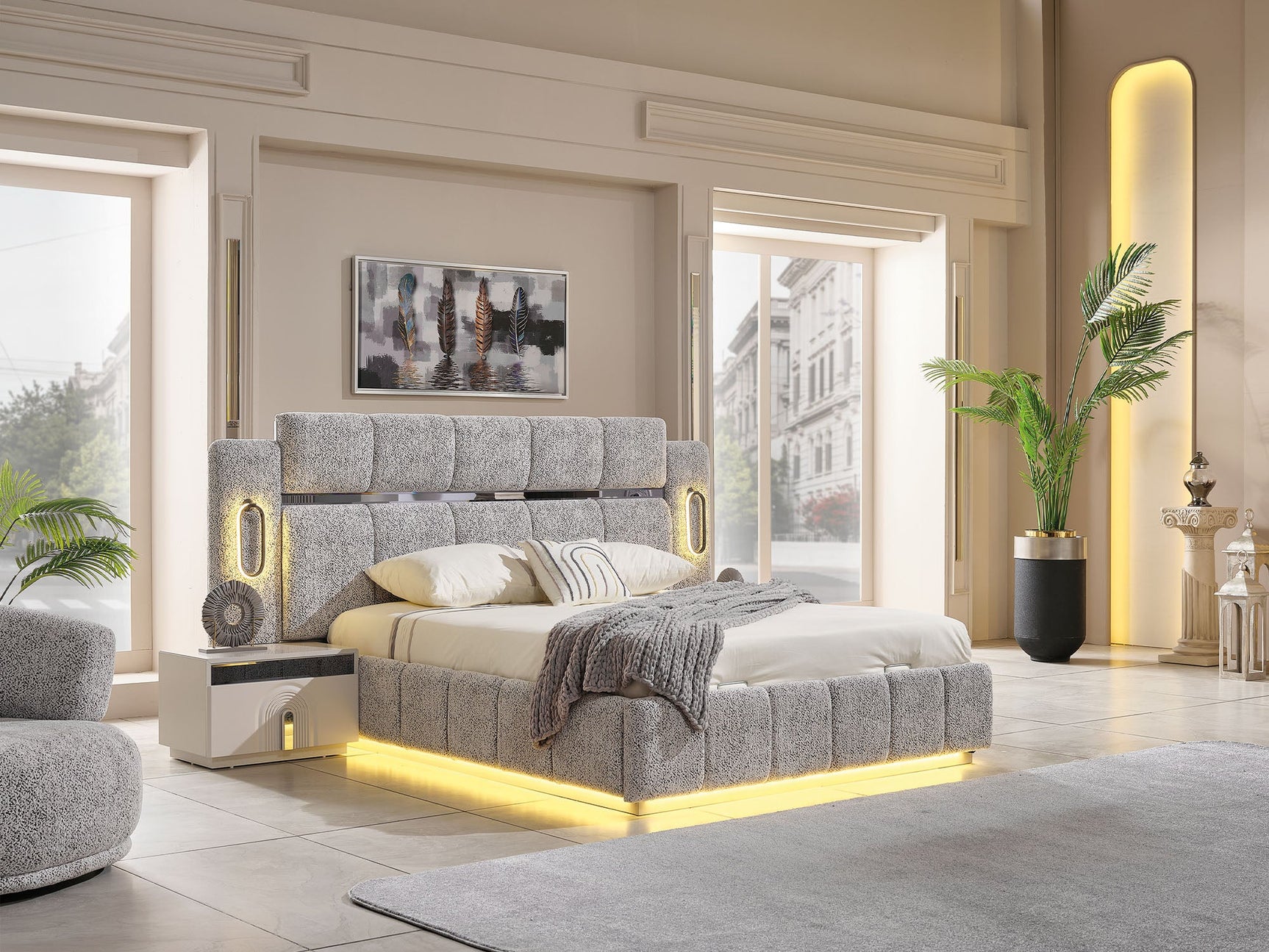 Parma Cream/Grey Bedroom Set (Queen Frame With Headboard & Dresser With Mirror & 2 Nightstand)