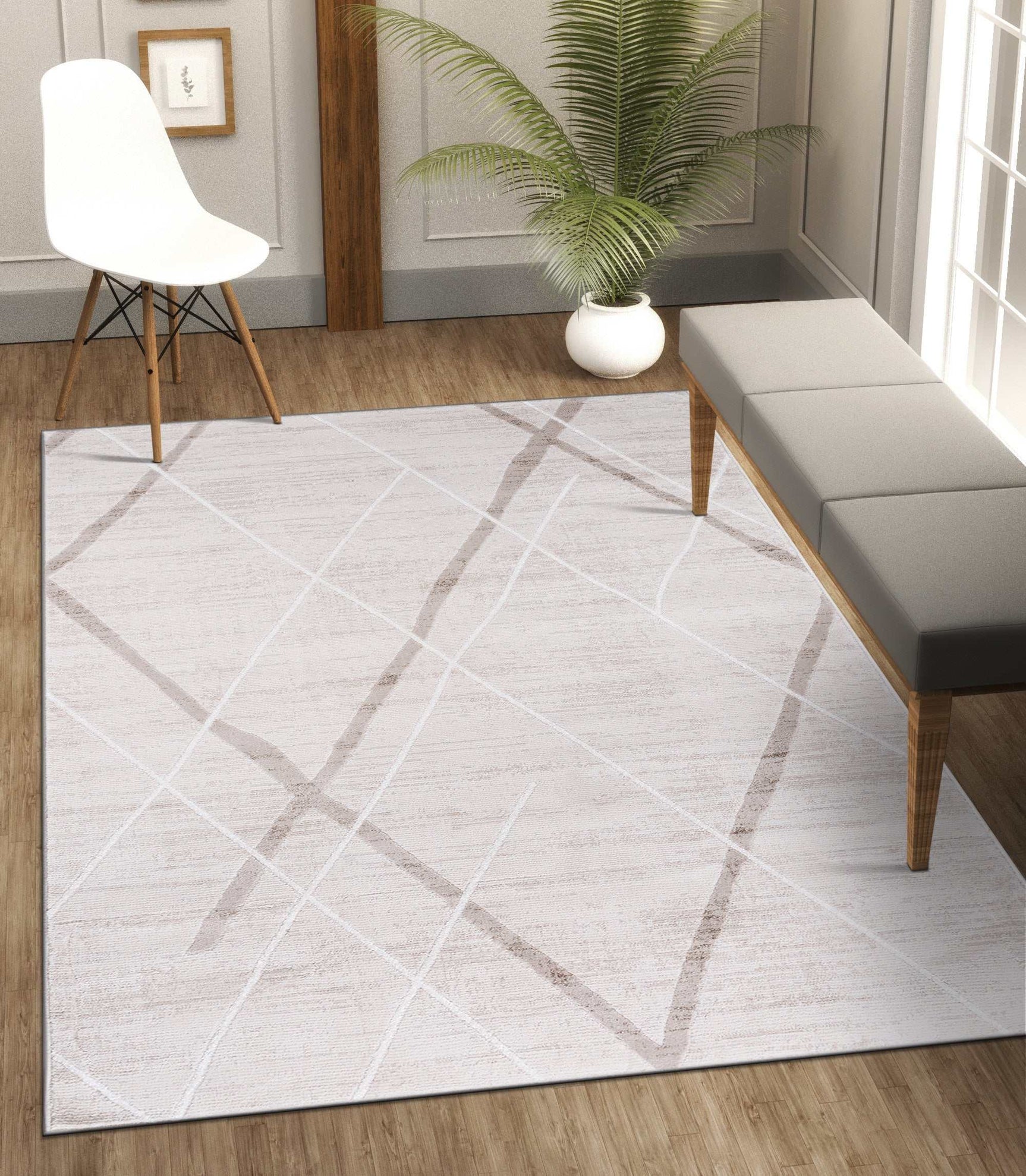 Pastoral Beige/White Woven Non-Slip Indoor Geometric Pattern Area Rug - Ornate Home