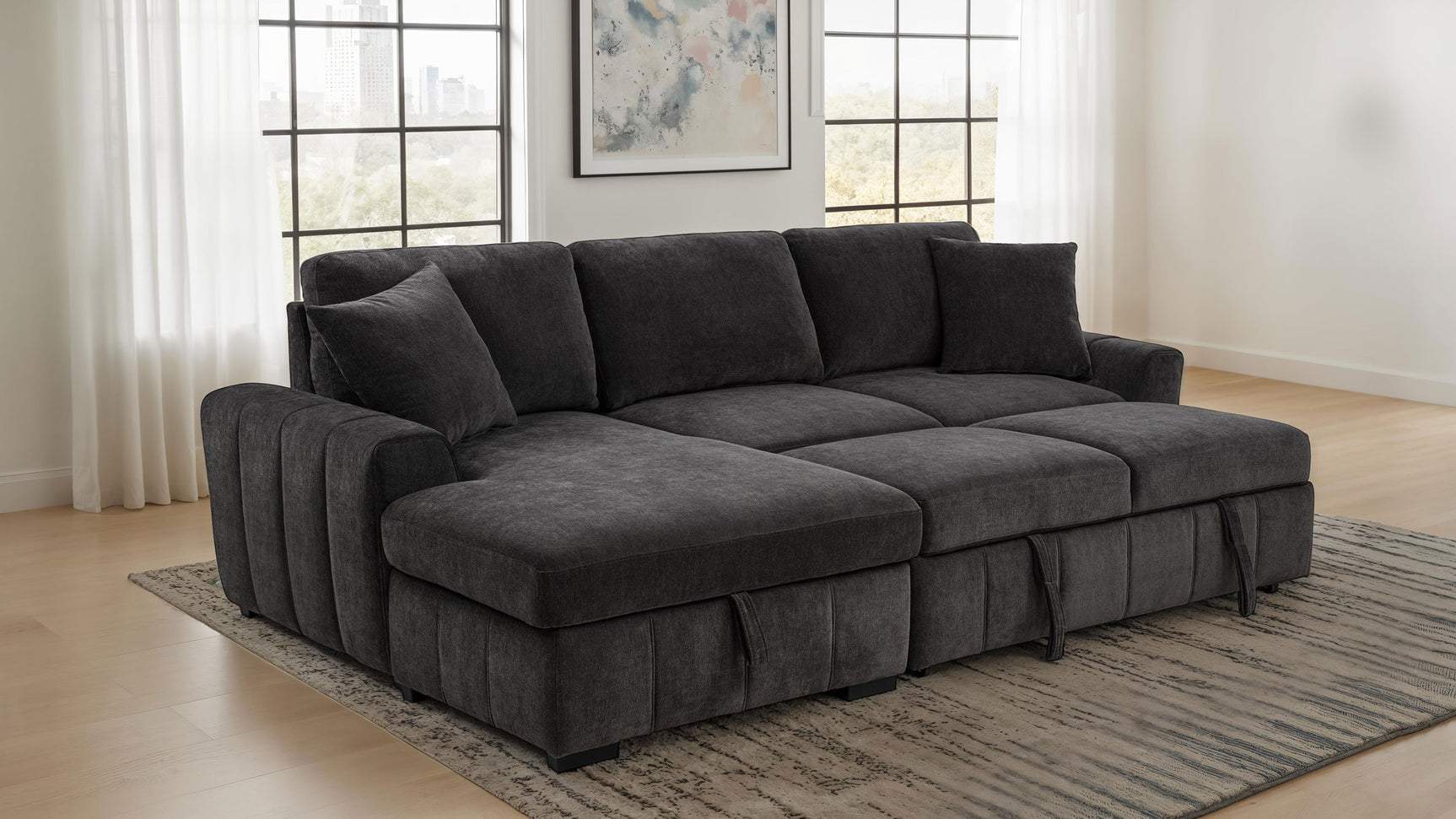 Pastrana Charcoal Grey Upholstered Sleeper Sectional Sofa LAF Chaise - Ornate Home