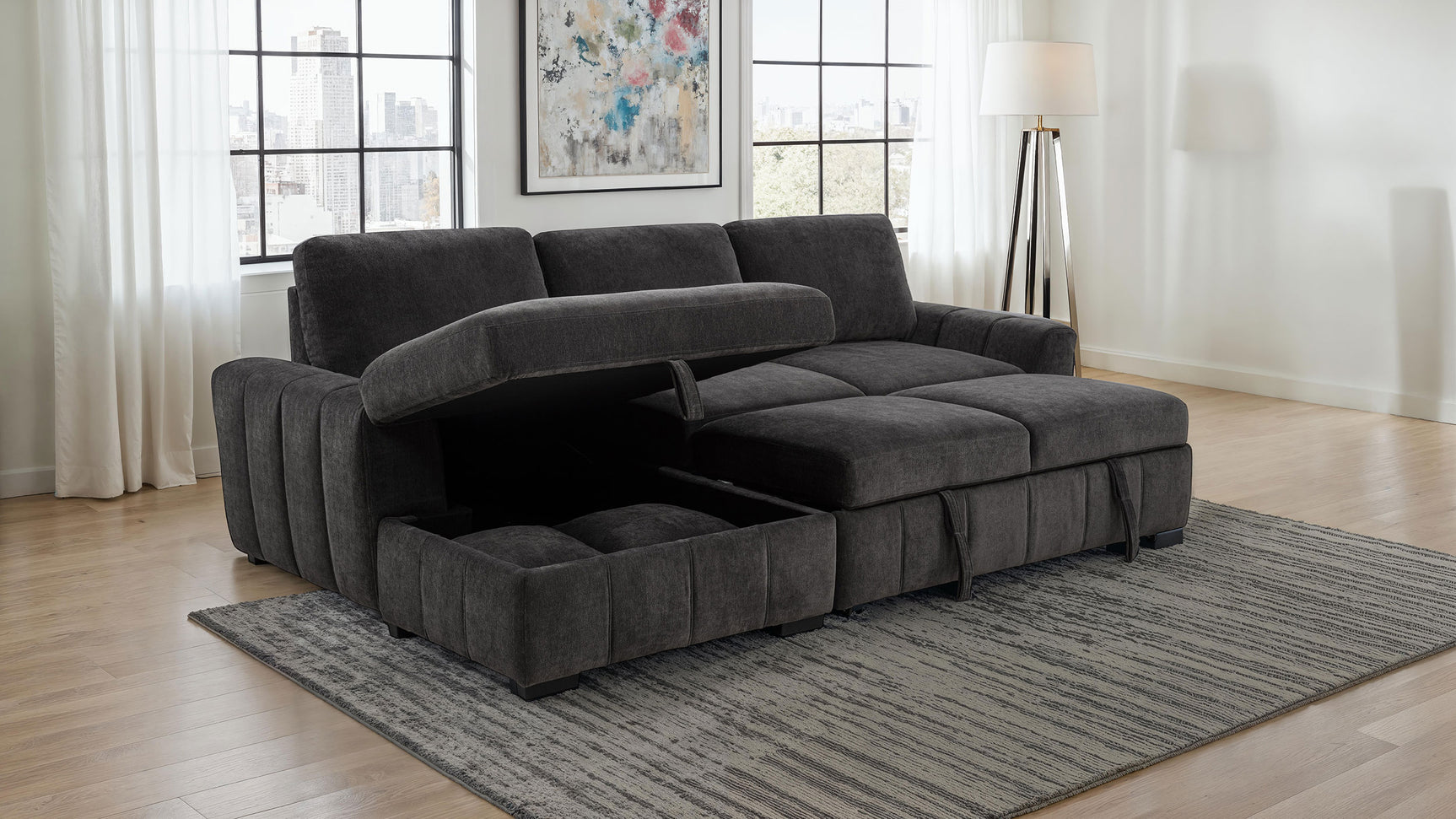 Pastrana Charcoal Grey Upholstered Sleeper Sectional Sofa LAF Chaise - Ornate Home