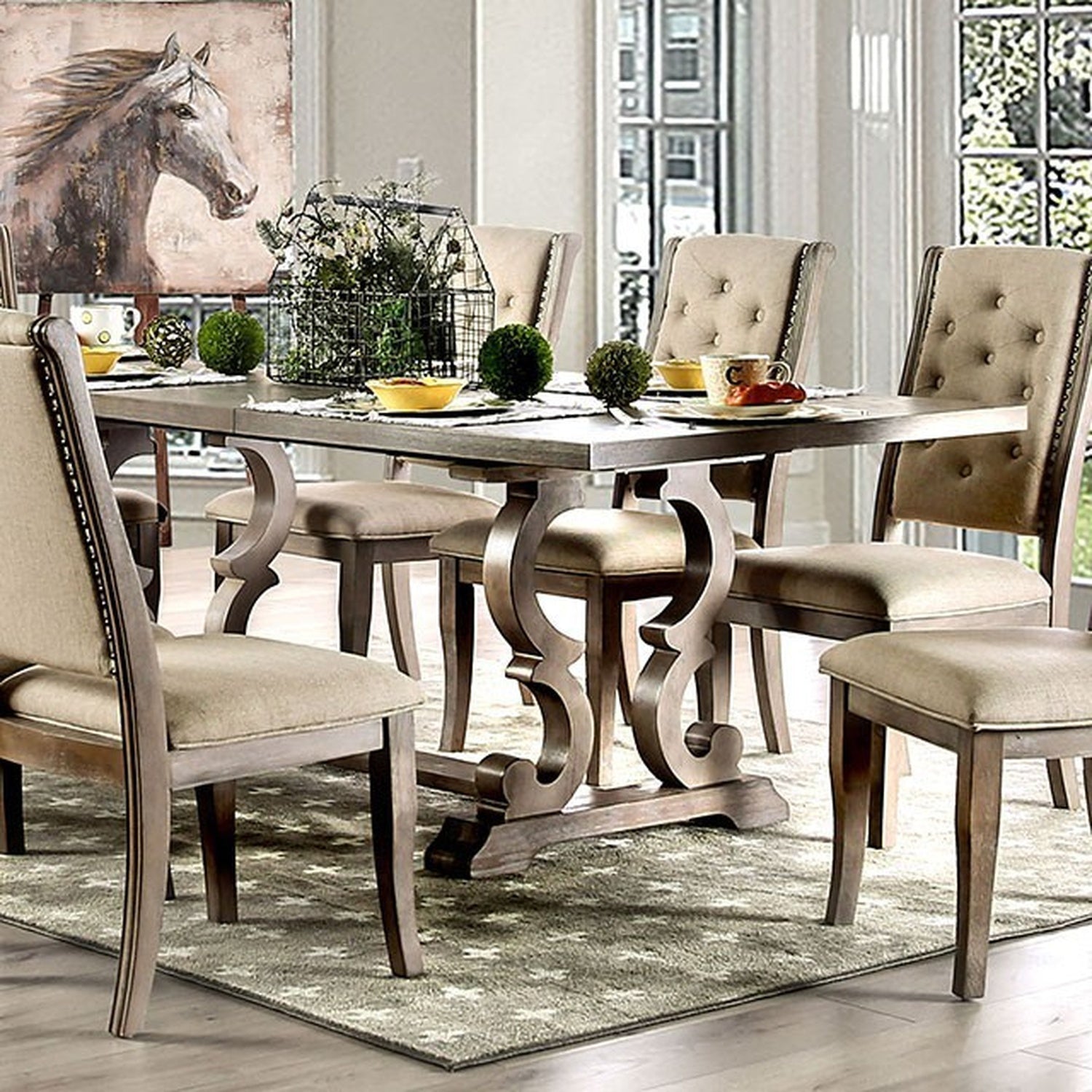 Patience Rustic Natural Tone/Beige 9 Pc Dining Table Set - Ornate Home