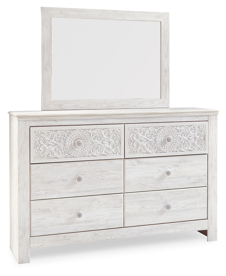 Paxberry Whitewash King Panel Bed & Dresser & Mirror & Nightstand - Ornate Home