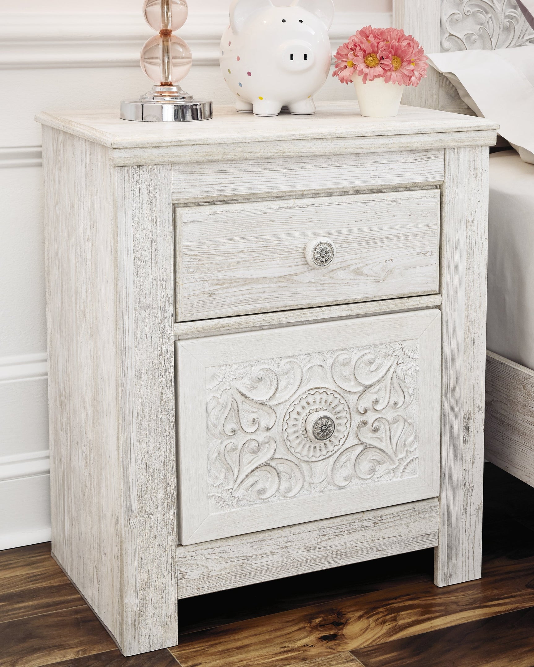 Paxberry Whitewash Twin Panel Bedroom Set with Nightstand - Ornate Home