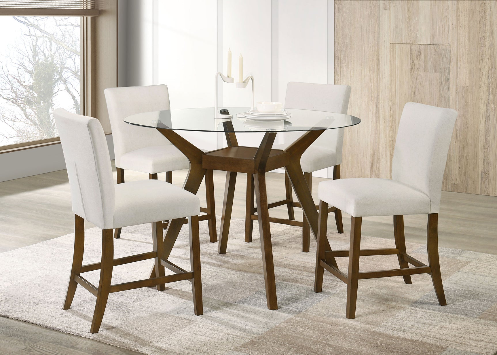 Paxton Brown/Beige 5-piece Round Glass Top Counter Height Dining Set - Ornate Home