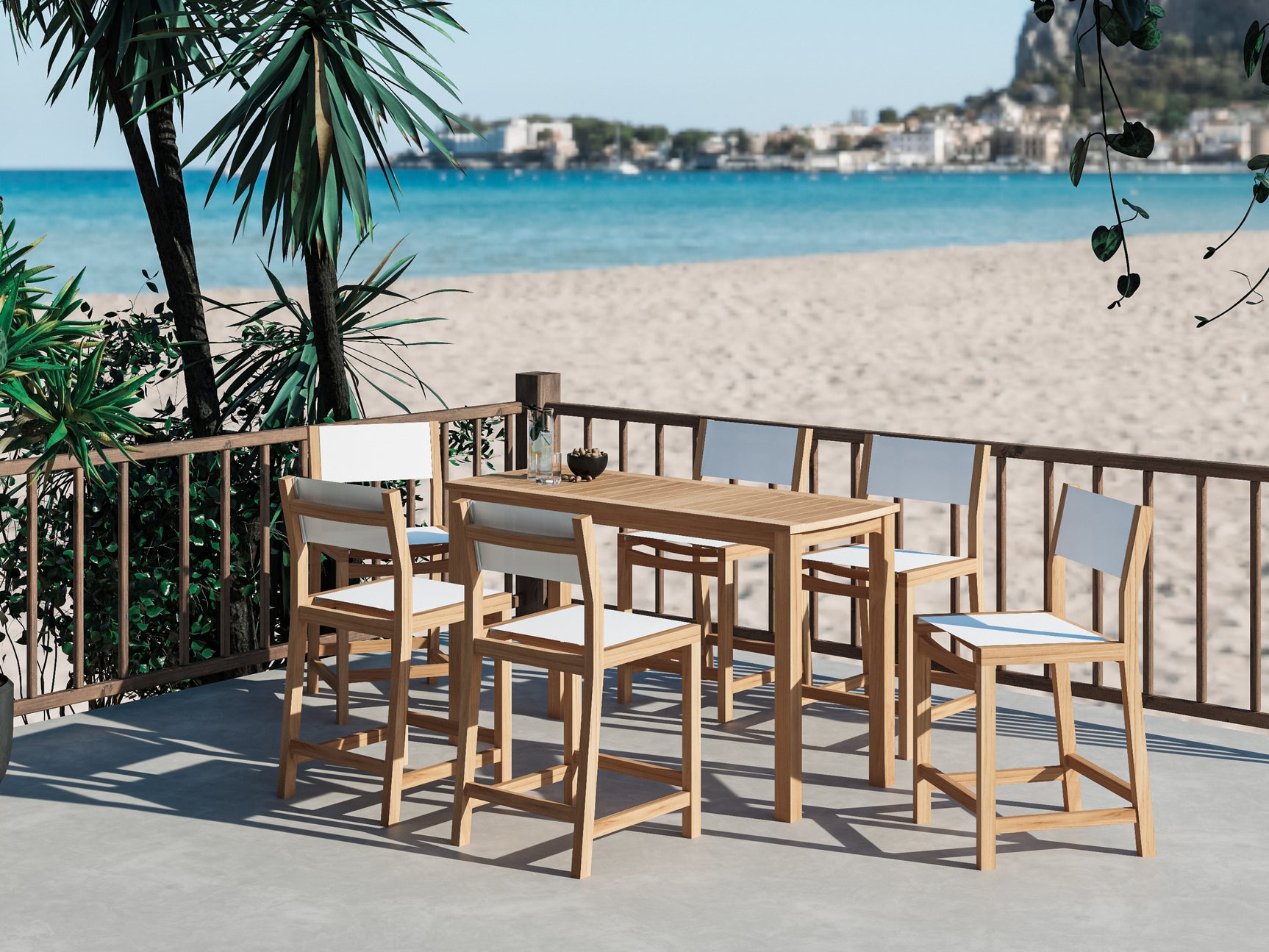 Pearl 7-Piece Rectangular Teak White Outdoor Counter Height Dining Set - Ornate Home