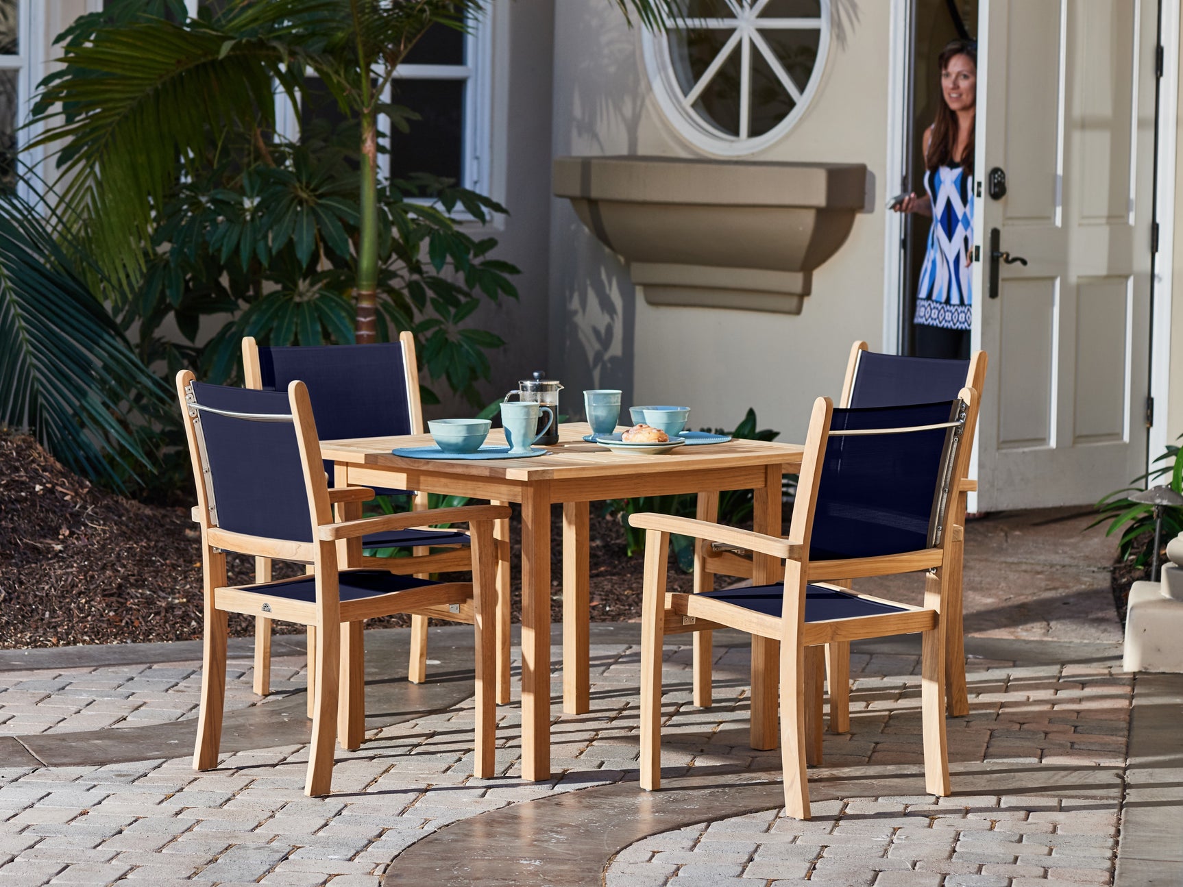 Pearl Teak Blue Outdoor Dining Stacking Armchair (Set of 4) - Ornate Home