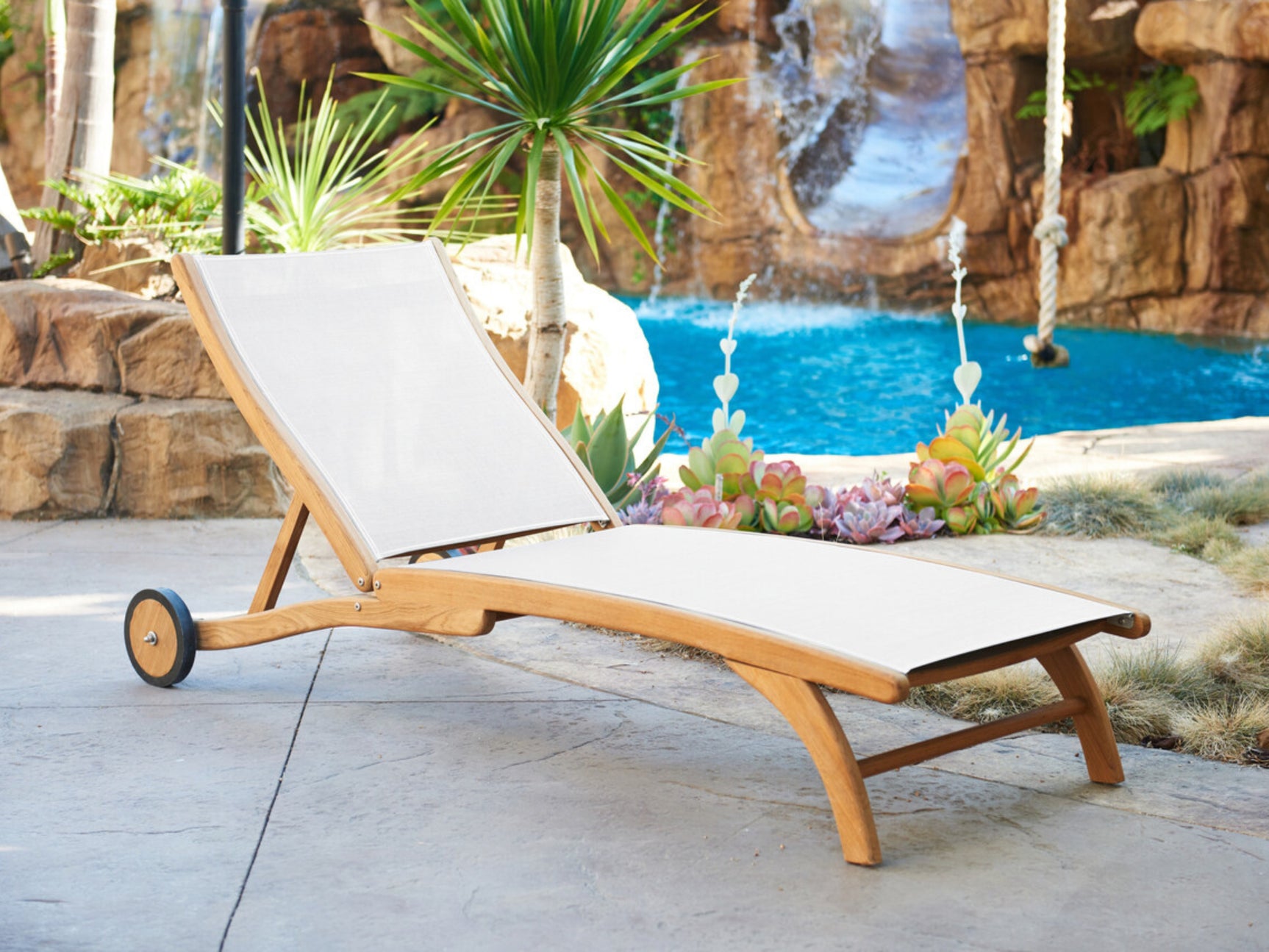 Pearl Teak White Outdoor Reclining Sunlounger with Rear Wheels - Ornate Home