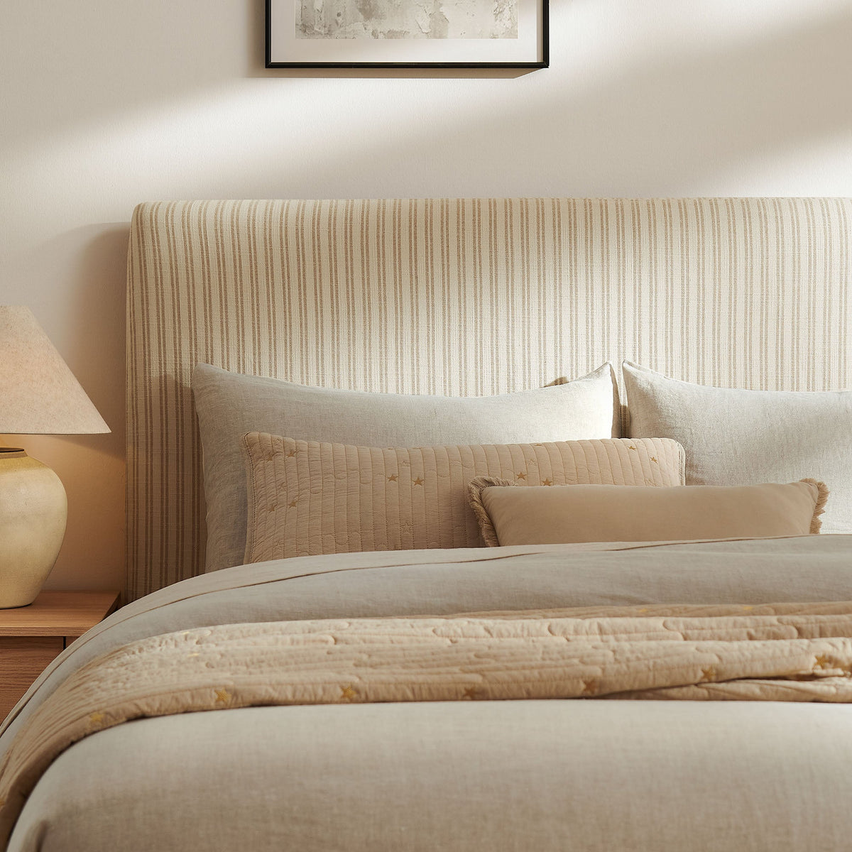 Pemberly Oatmeal Stripe Striped Fabric Storage Bed