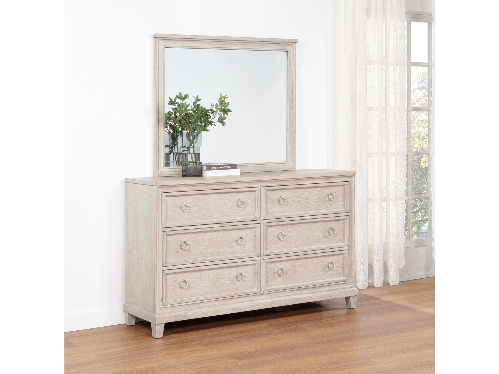 Pembroke Washed Oak 6-drawer Bedroom Dresser with Mirror - Ornate Home