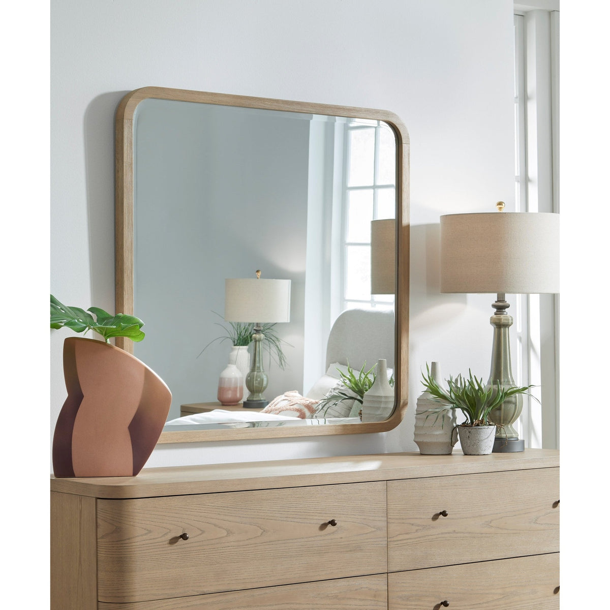 Modus Furniture Penny Beveled Glass Wall or Dresser Mirror in Buff Cream