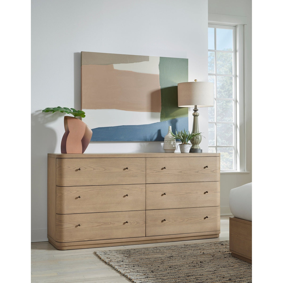 Modus Furniture Penny Six Drawer White Oak Dresser in Buff Cream