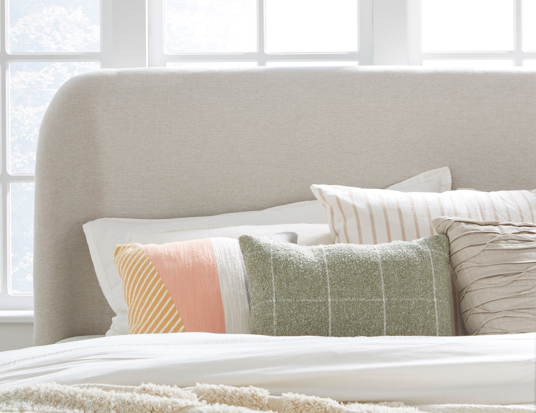 Penny California King Upholstered Platform Bed in Buff Cream Ash and Oatmeal Linen - Ornate Home