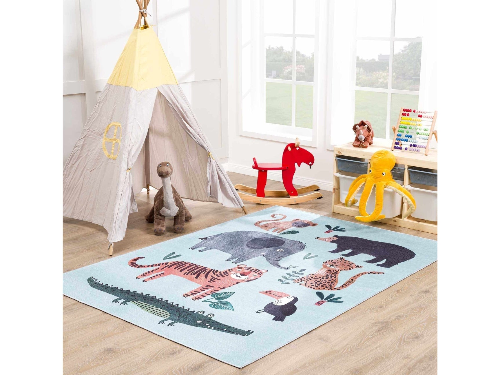 Petey Blue Animal Print Washable Kids Rug - Ornate Home