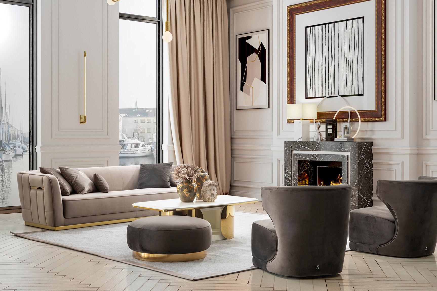 Phantom Gray Velvet & Gold Stationary Sofa - Ornate Home