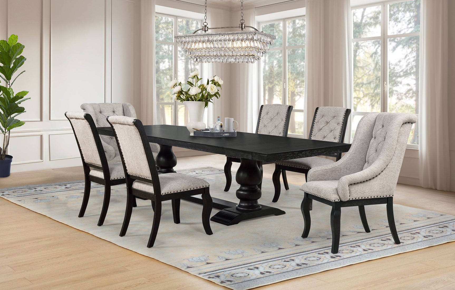 Phelps Tan/Distressed Noir 7-piece Rectangular Dining Table Set - Ornate Home