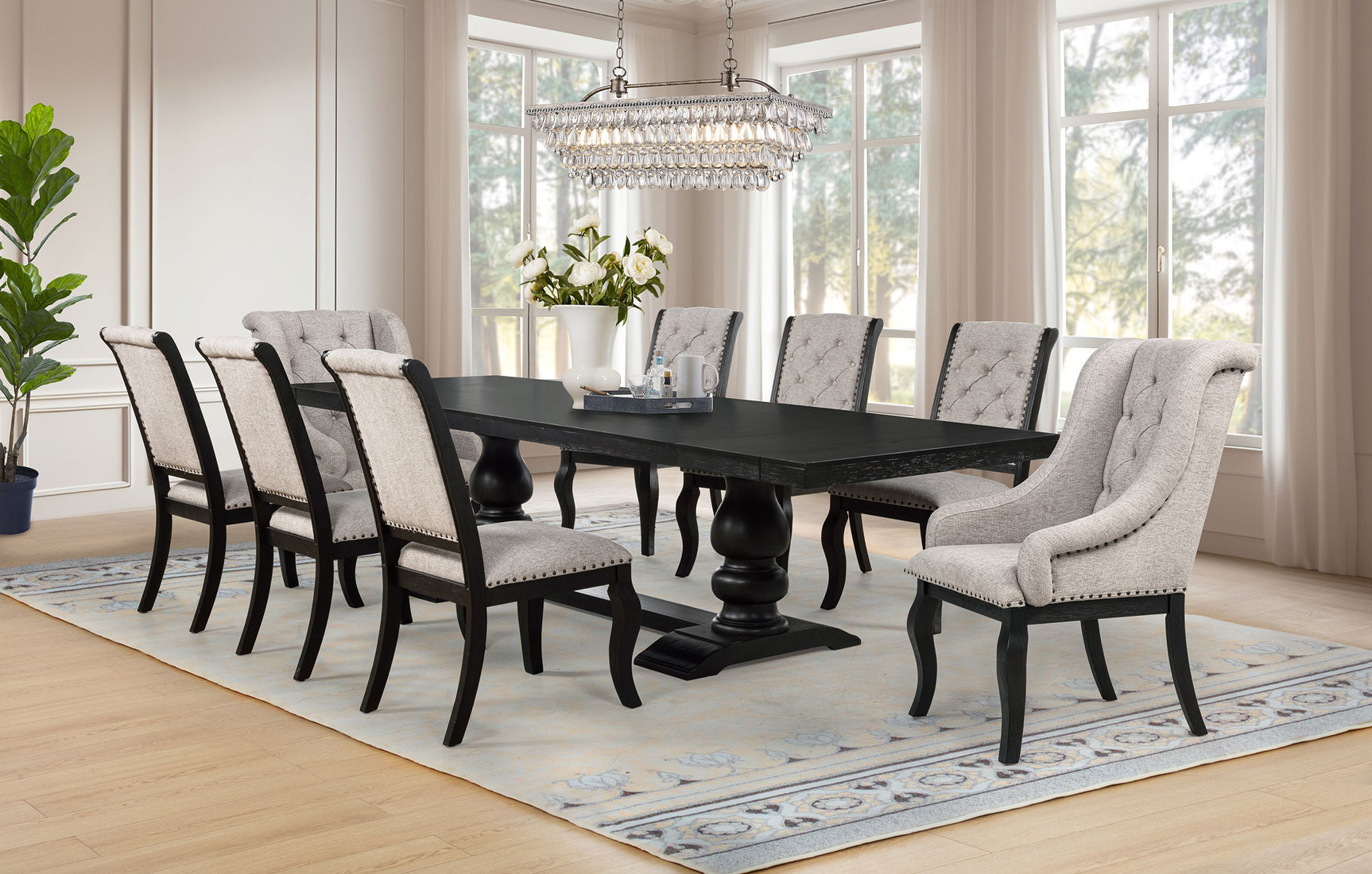 Phelps Tan/Distressed Noir 9-piece Rectangular Dining Table Set - Ornate Home