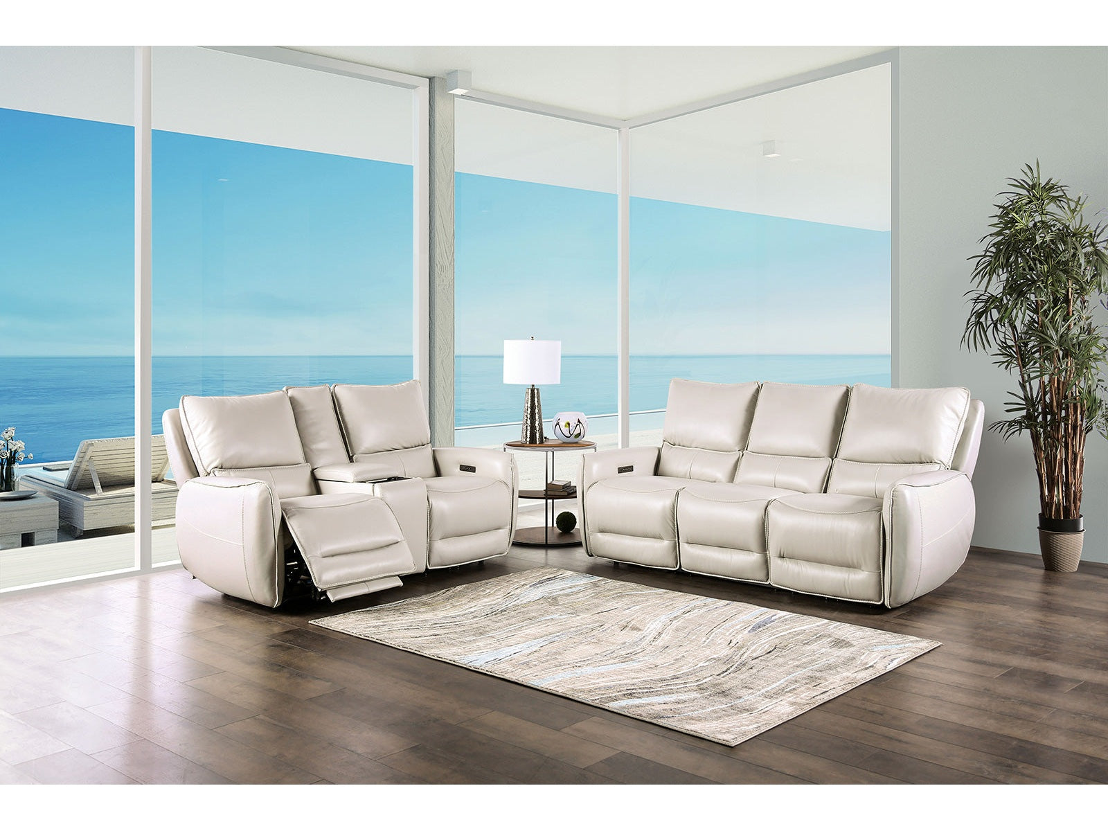 Phineas Beige Power Top Grain Leather Match Reclining Sofa & Loveseat - Ornate Home