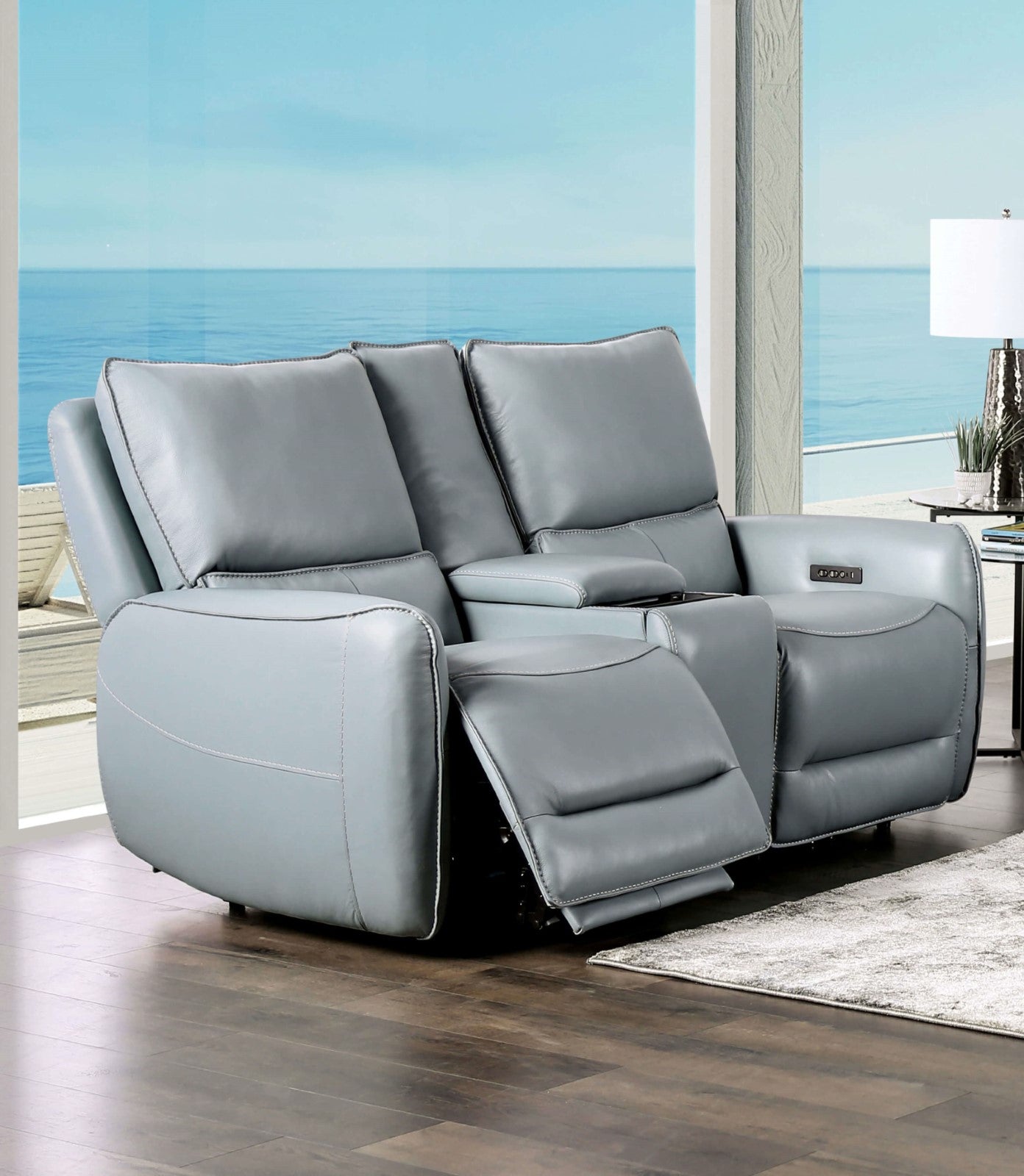 Phineas Pale Blue Top Grain Leather Match Power Reclining Sofa & Loveseat - Ornate Home