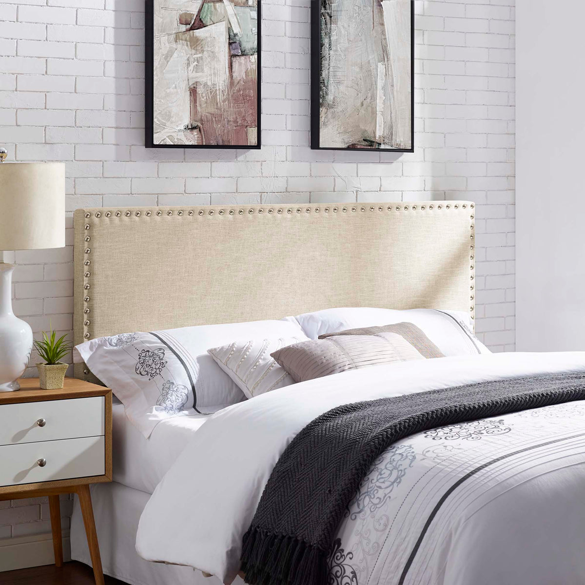Phoebe Beige Upholstered Fabric Queen Headboard - Ornate Home