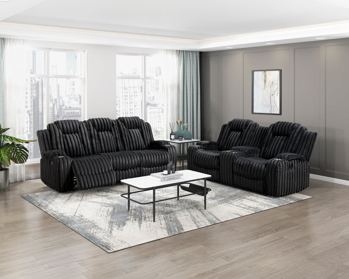 Phyllis Black Double Reclining Loveseat With Center Console And Cup Holders - Ornate Home
