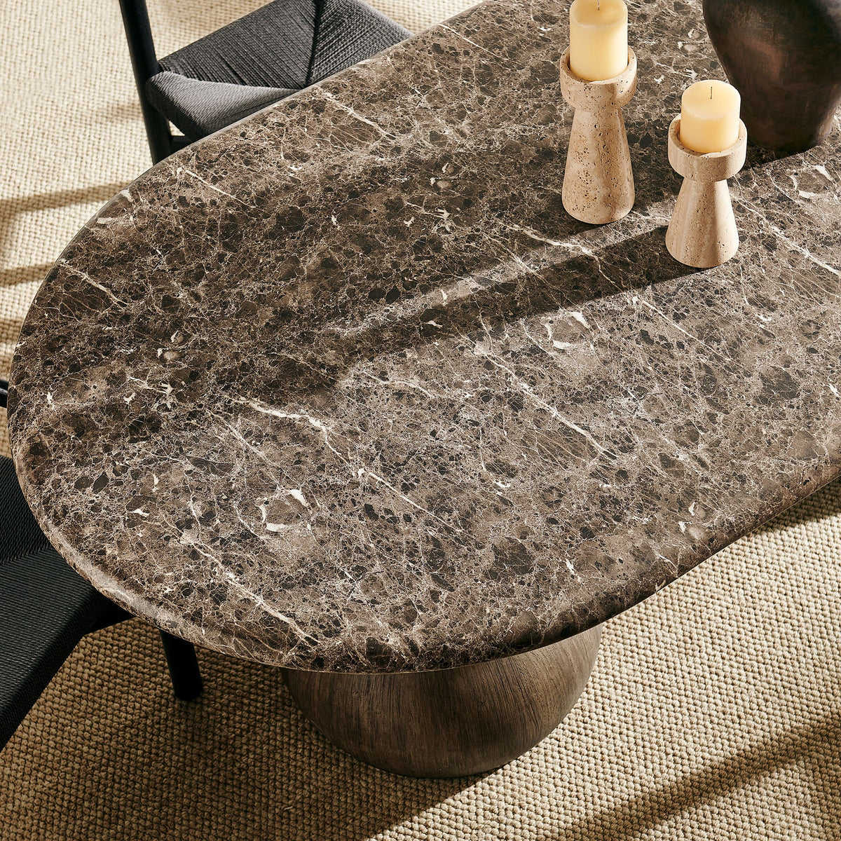 Pietra Dark Emperador Marble Indoor Outdoor Patio Oval Dining Table - Ornate Home