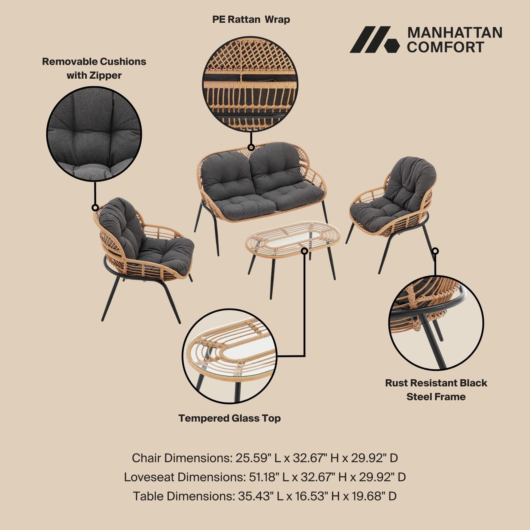 Pine 4-Piece Patio Conversation Set in Grey - Ornate Home