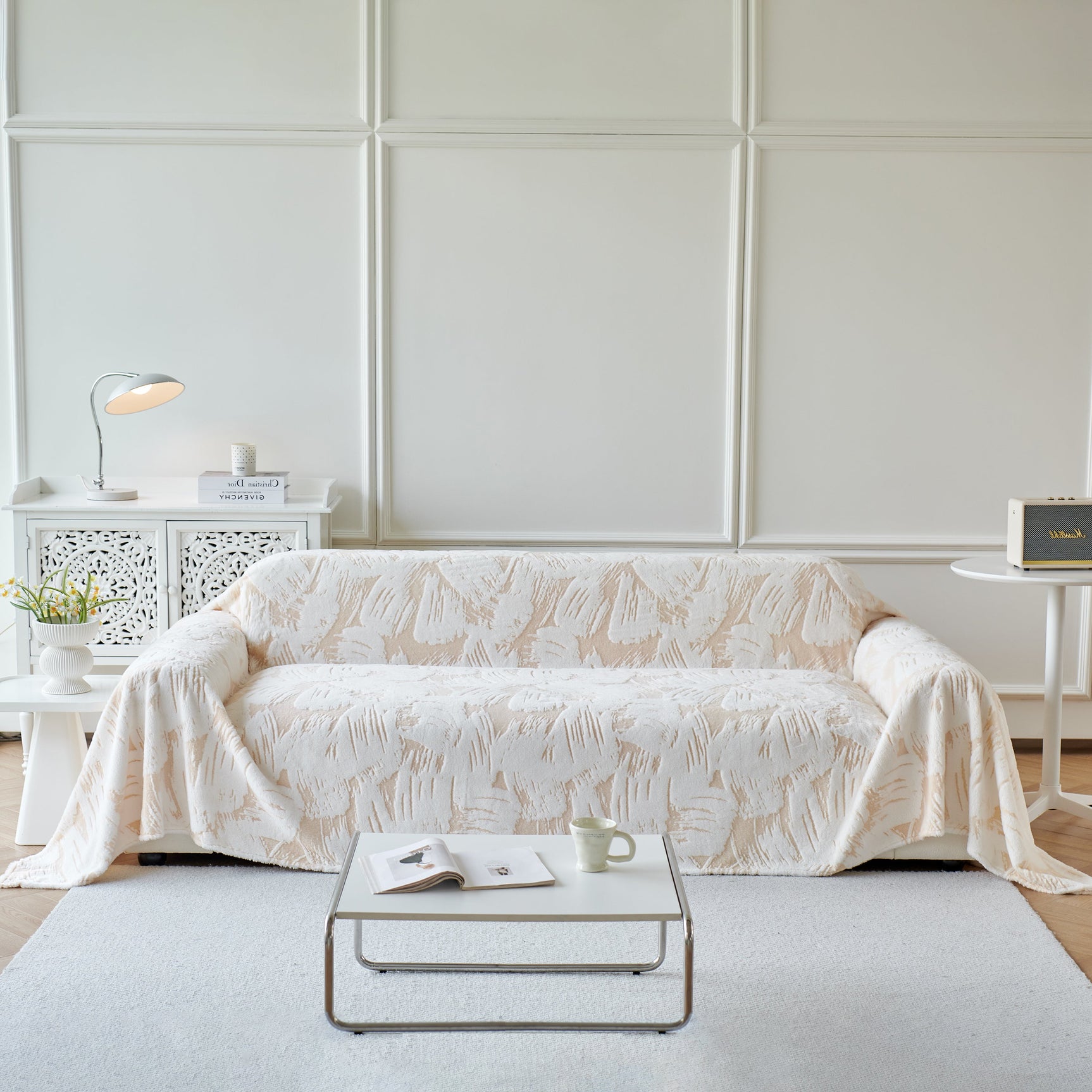 Plush Faux Fur Warm Sofa Cover with Waves Jacquard Textured Throw Blankets for Couch - Ornate Home