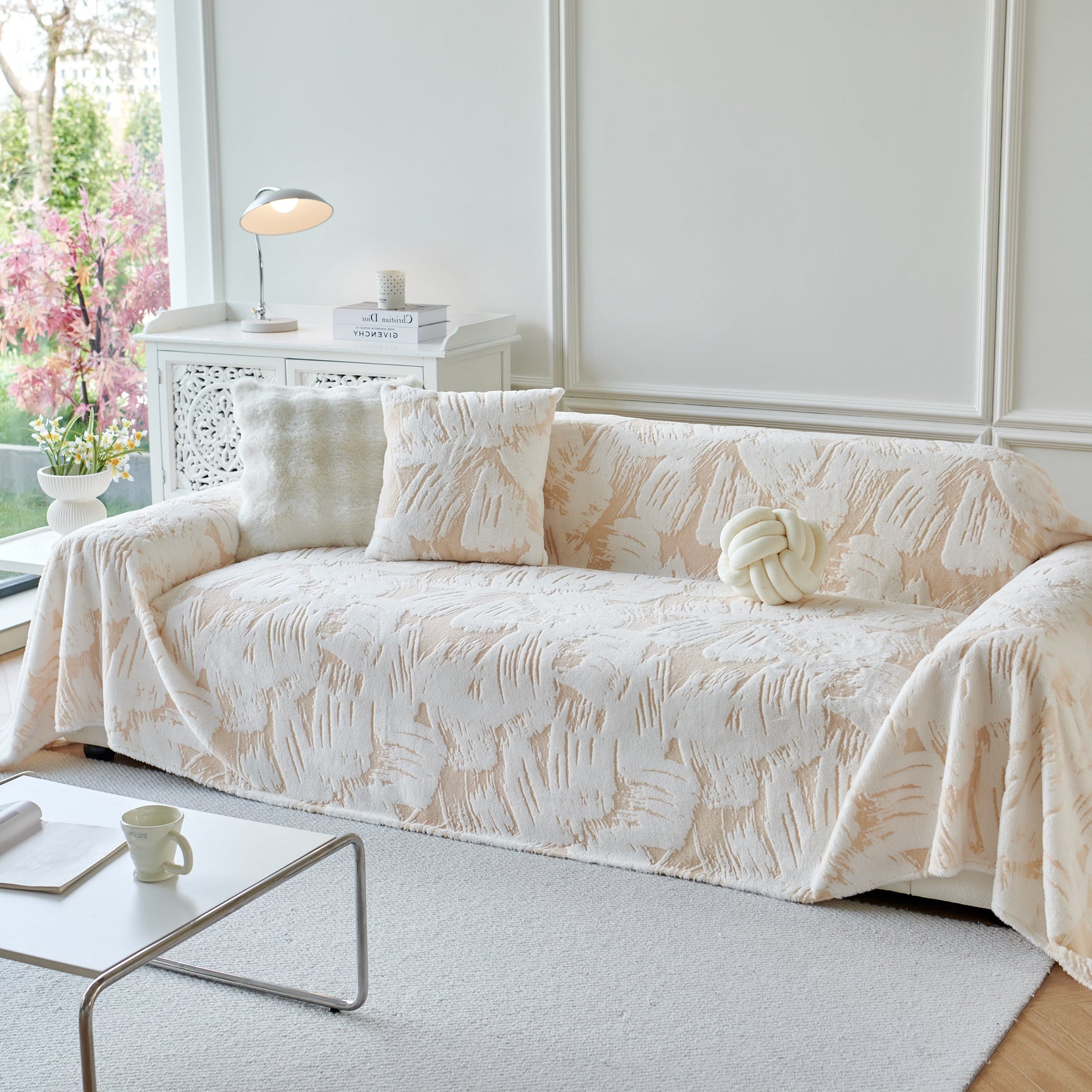 Plush Faux Fur Warm Sofa Cover with Waves Jacquard Textured Throw Blankets for Couch - Ornate Home
