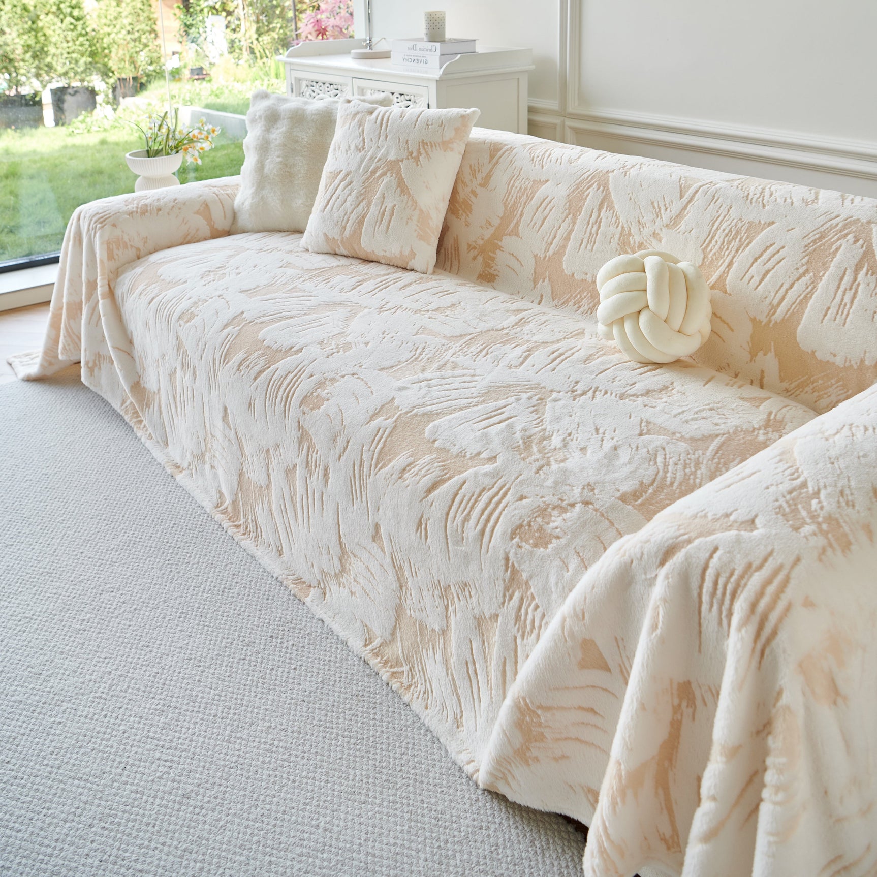 Plush Faux Fur Warm Sofa Cover with Waves Jacquard Textured Throw Blankets for Couch - Ornate Home