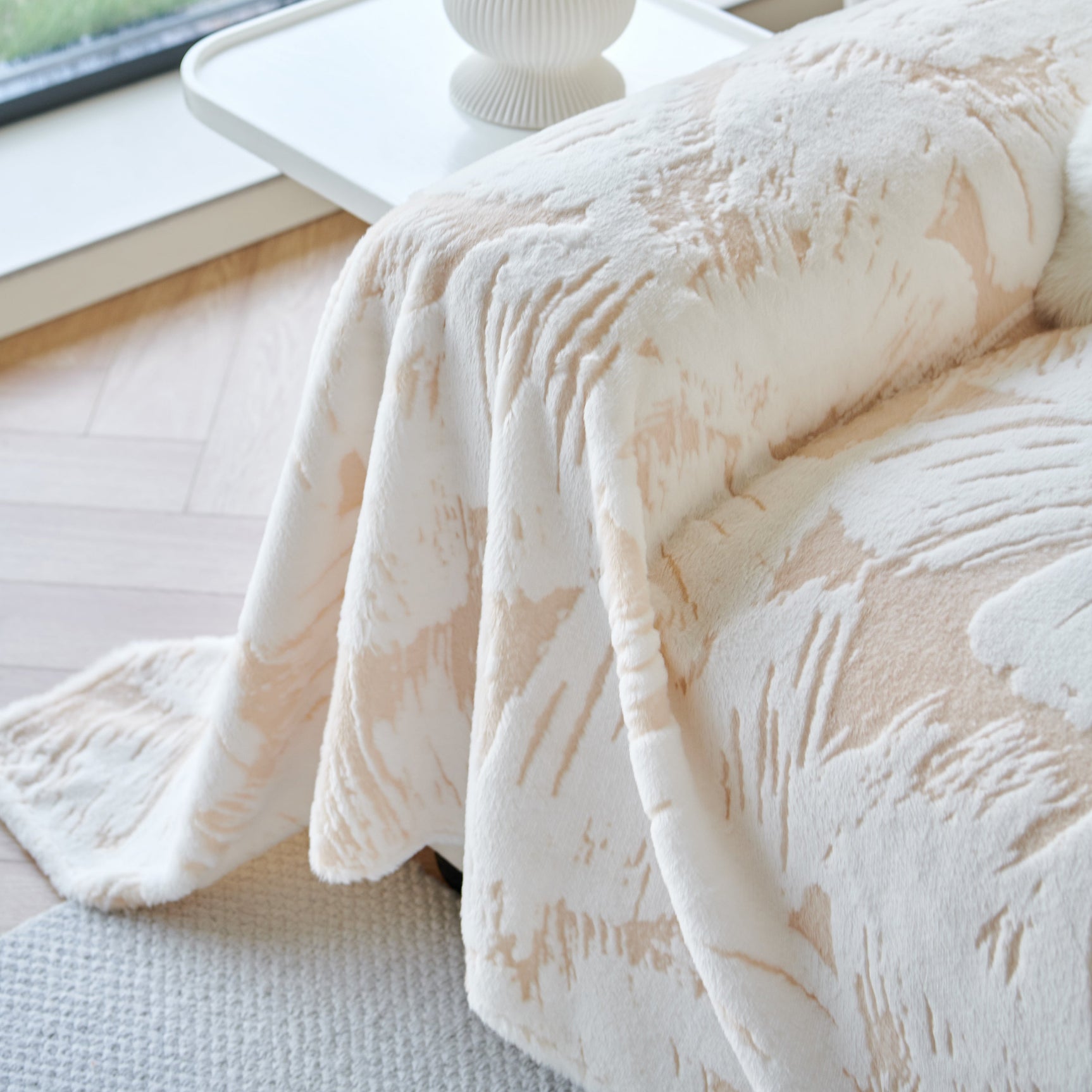Plush Faux Fur Warm Sofa Cover with Waves Jacquard Textured Throw Blankets for Couch - Ornate Home