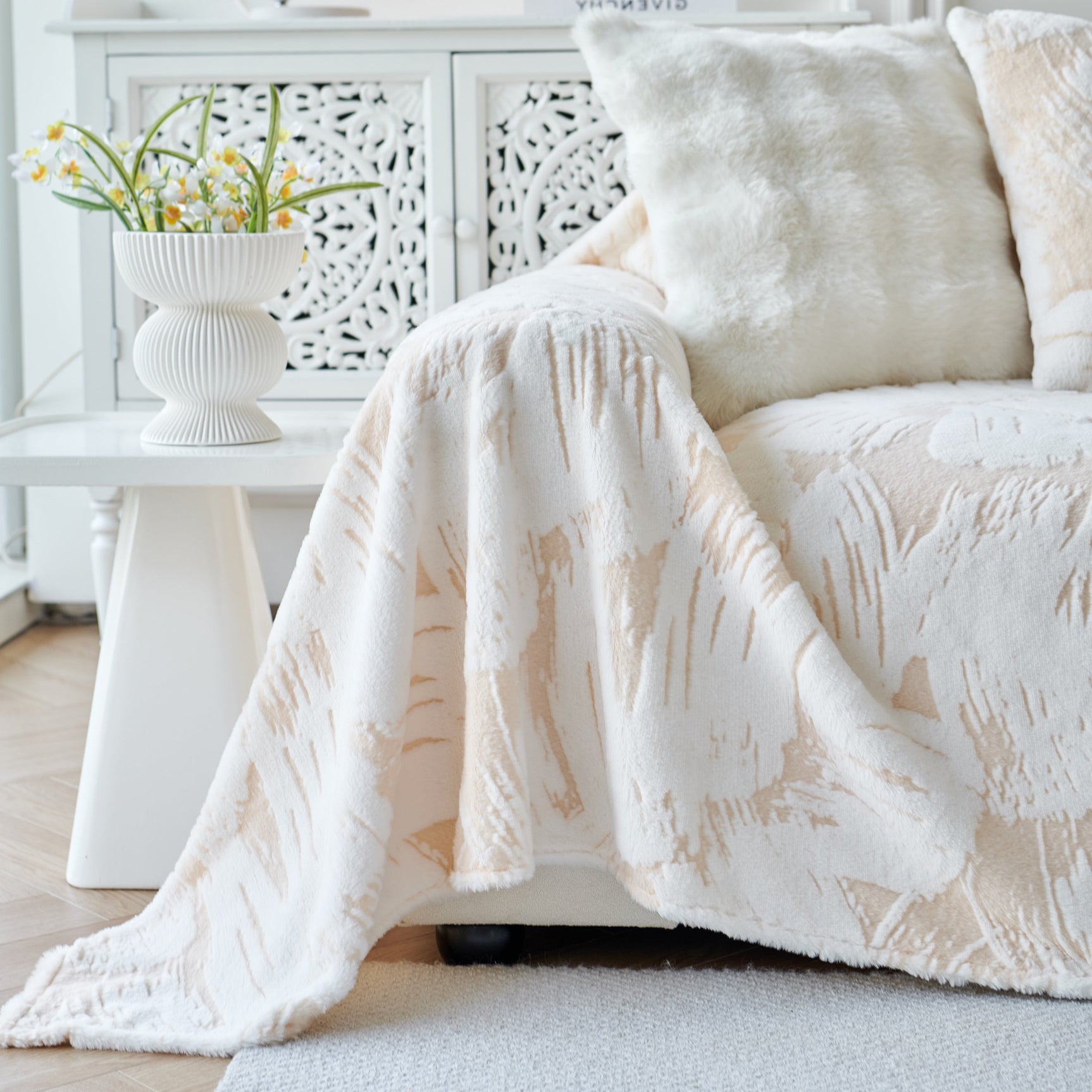 Plush Faux Fur Warm Sofa Cover with Waves Jacquard Textured Throw Blankets for Couch - Ornate Home