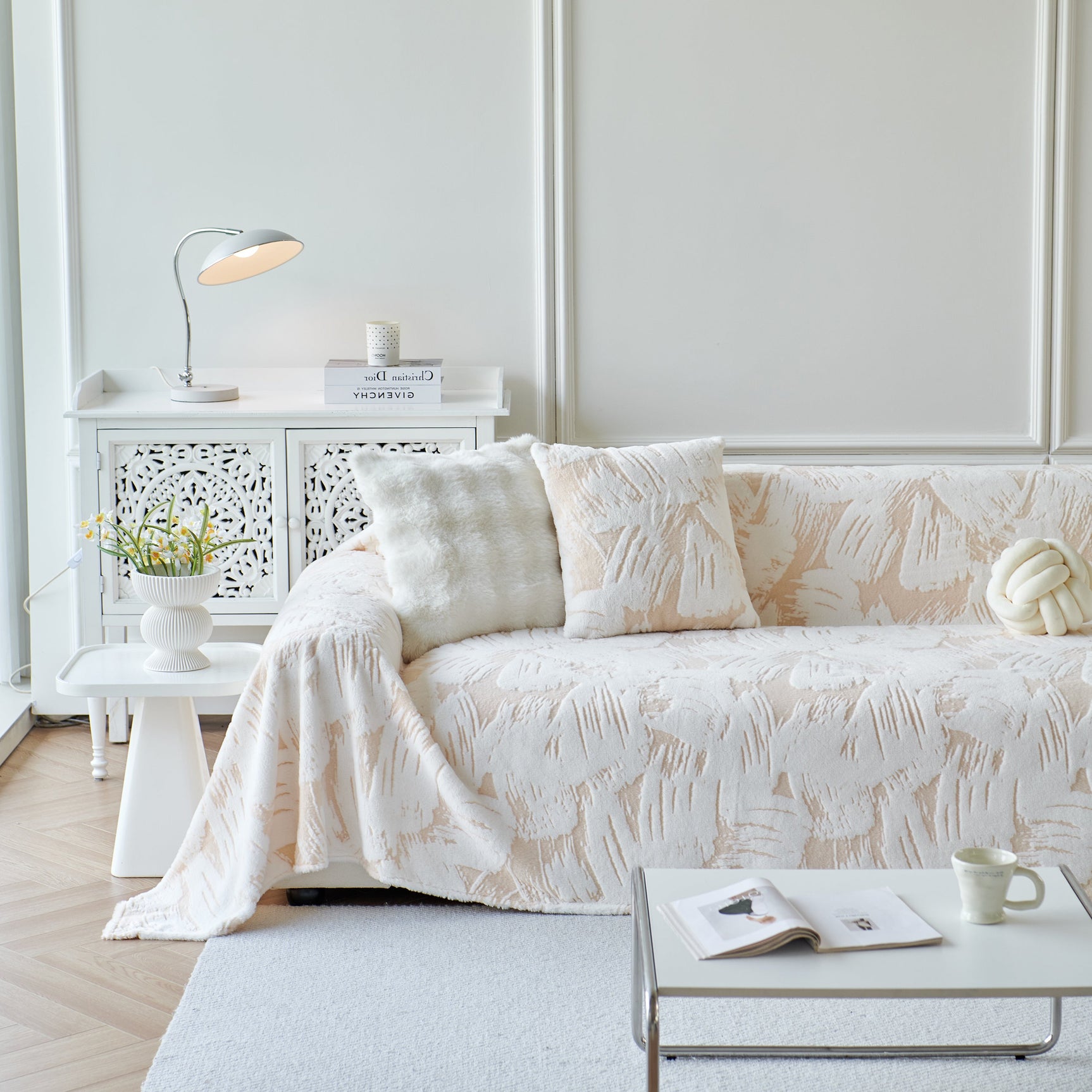 Plush Faux Fur Warm Sofa Cover with Waves Jacquard Textured Throw Blankets for Couch - Ornate Home