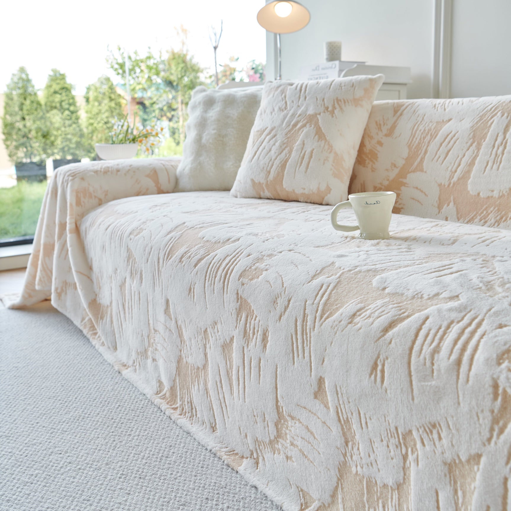 Plush Faux Fur Warm Sofa Cover with Waves Jacquard Textured Throw Blankets for Couch - Ornate Home