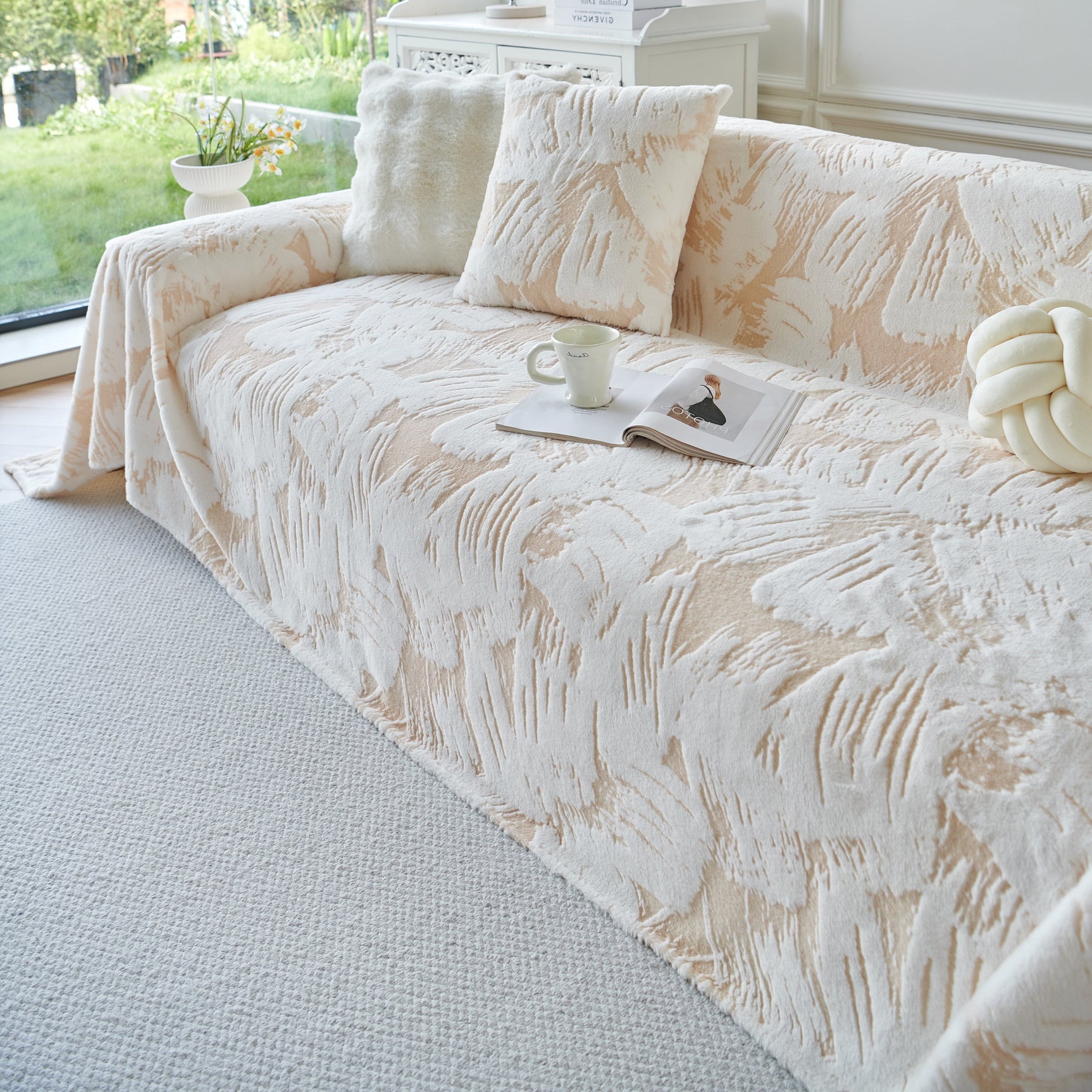 Plush Faux Fur Warm Sofa Cover with Waves Jacquard Textured Throw Blankets for Couch - Ornate Home