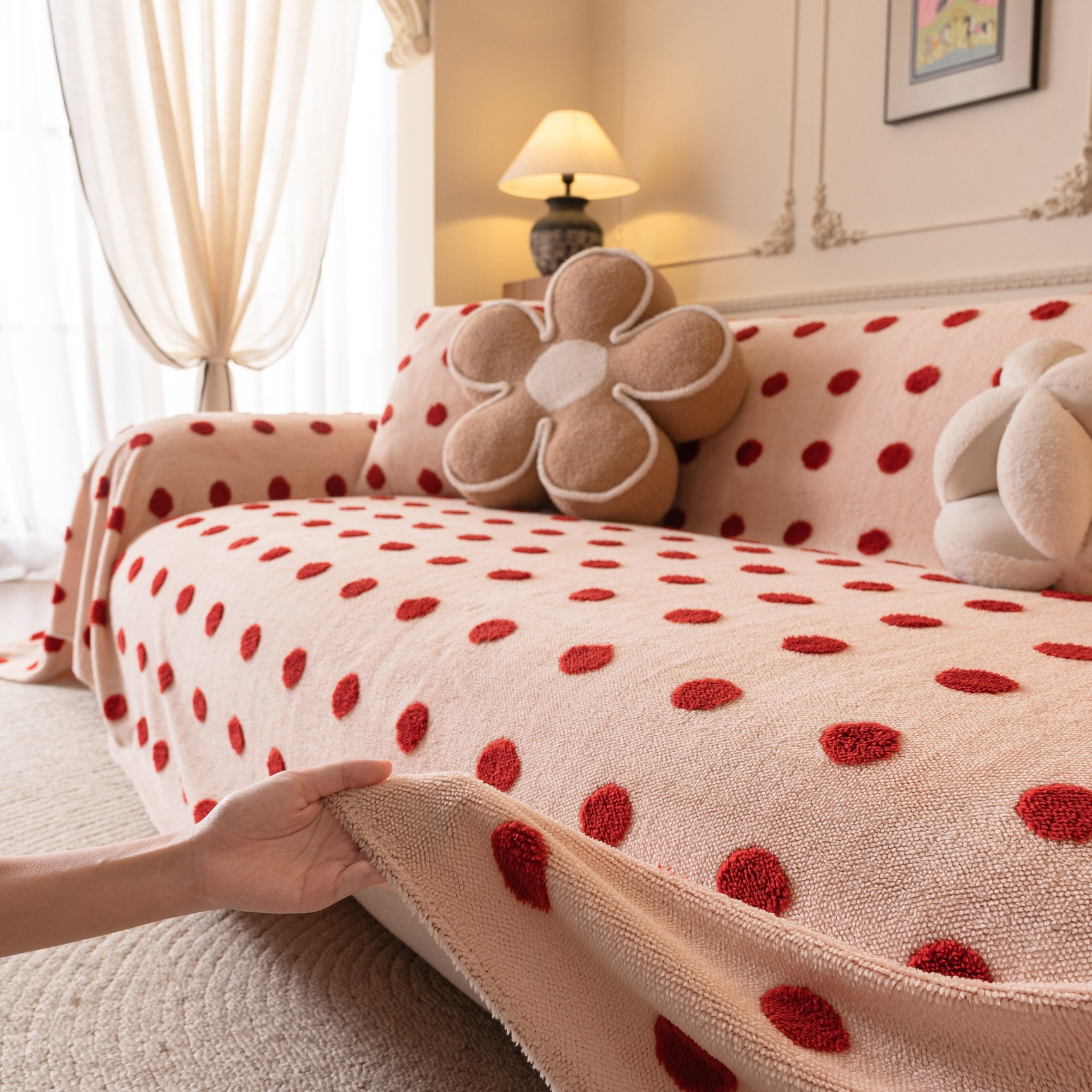 Plush Fleece Sofa Cover Throw, Soft Textured Polka Dot Couch Protector Blanket for Pets - Ornate Home