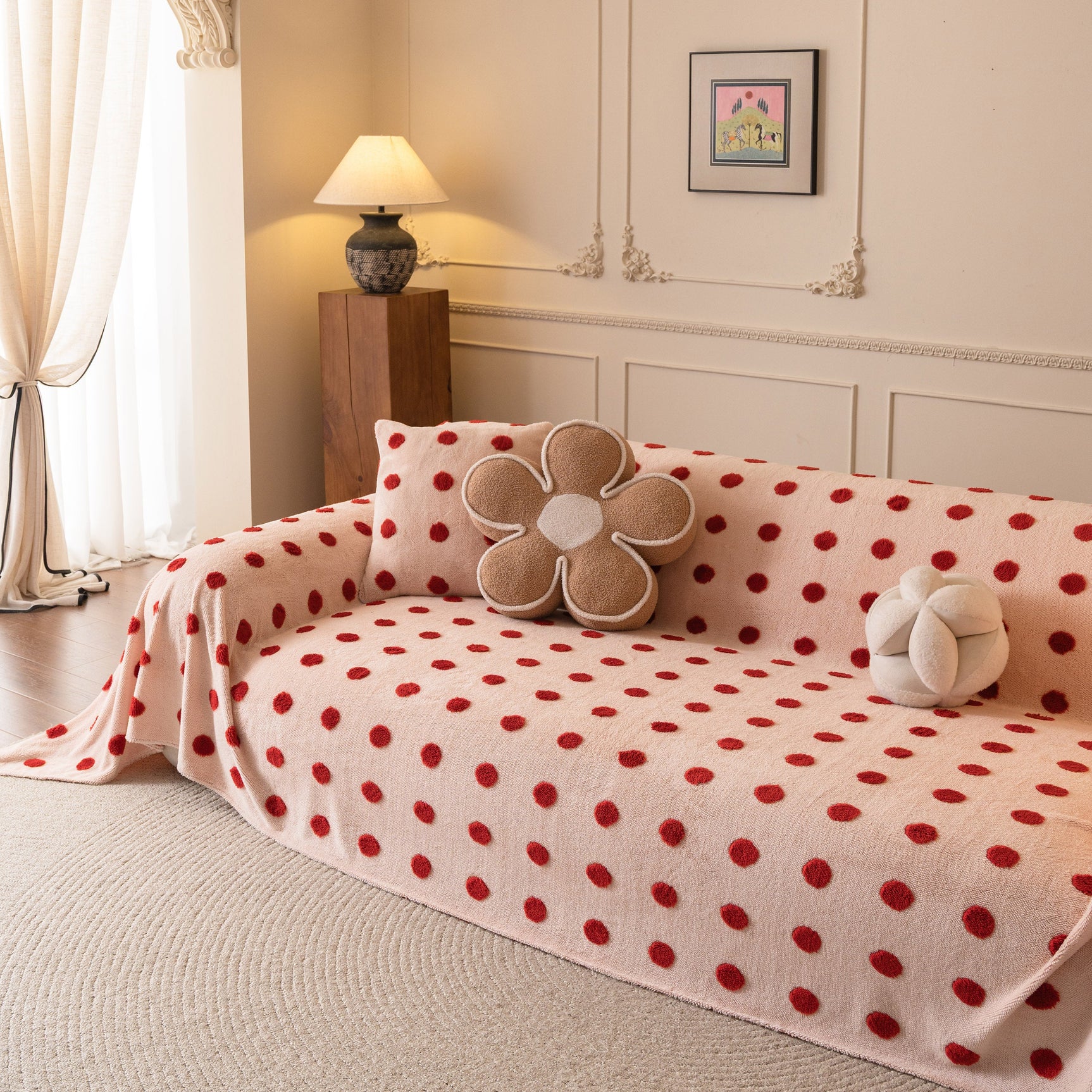 Plush Fleece Sofa Cover Throw, Soft Textured Polka Dot Couch Protector Blanket for Pets - Ornate Home