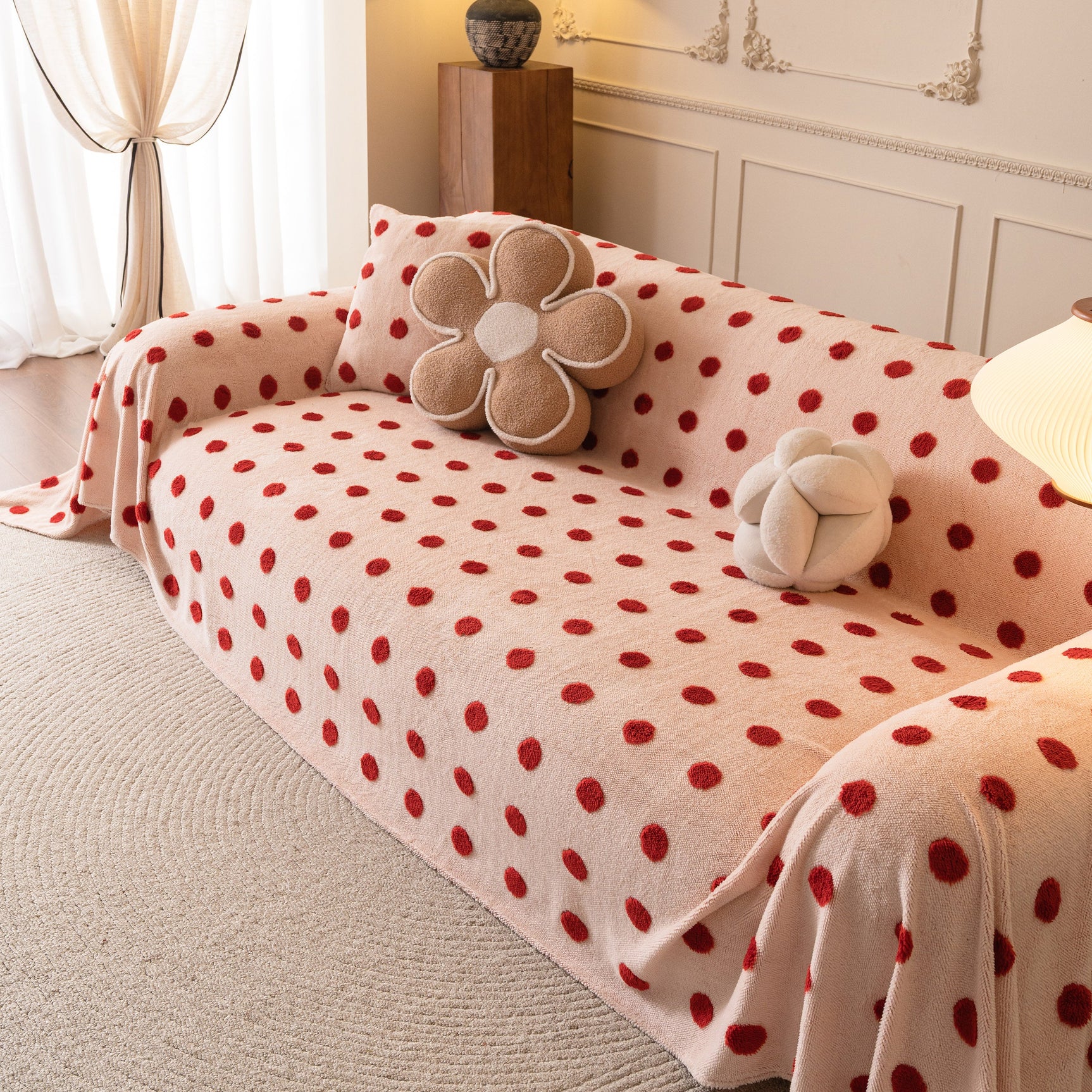 Plush Fleece Sofa Cover Throw, Soft Textured Polka Dot Couch Protector Blanket for Pets - Ornate Home