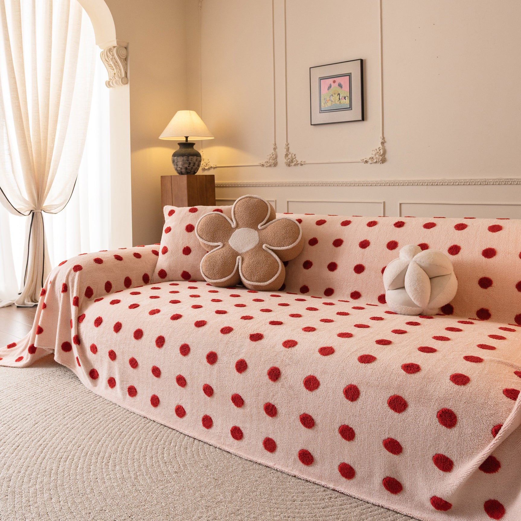 Plush Fleece Sofa Cover Throw, Soft Textured Polka Dot Couch Protector Blanket for Pets - Ornate Home
