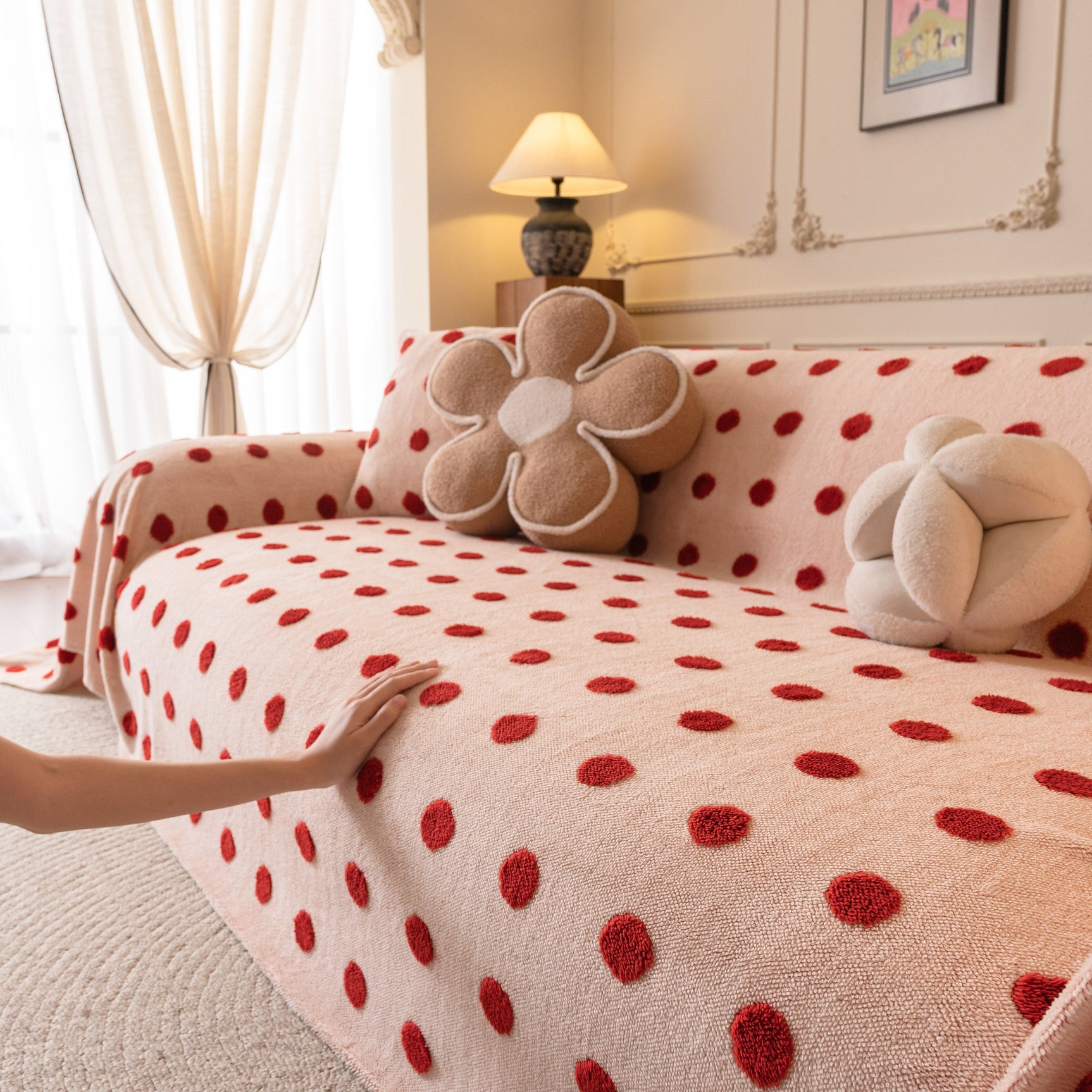 Plush Fleece Sofa Cover Throw, Soft Textured Polka Dot Couch Protector Blanket for Pets - Ornate Home