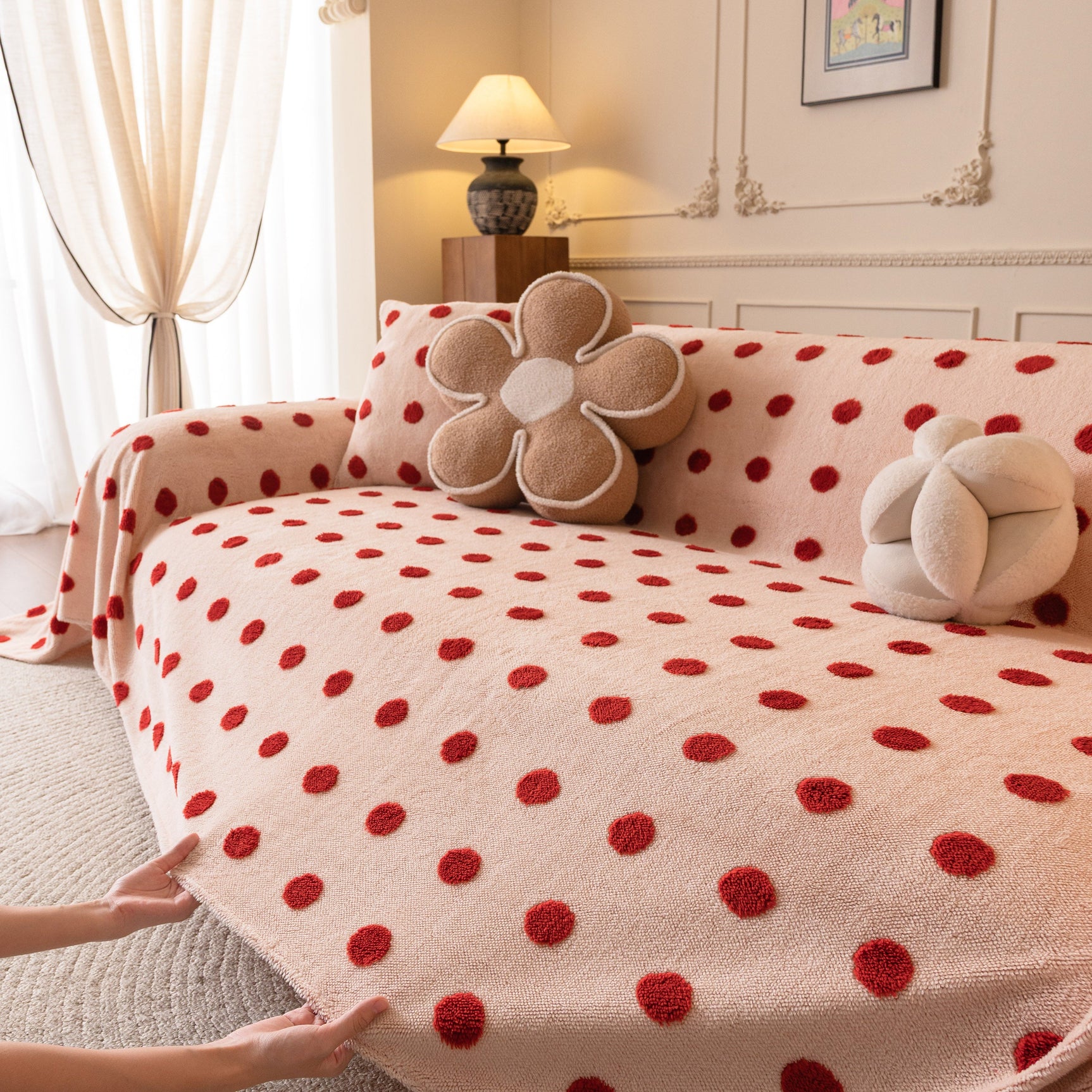 Plush Fleece Sofa Cover Throw, Soft Textured Polka Dot Couch Protector Blanket for Pets - Ornate Home