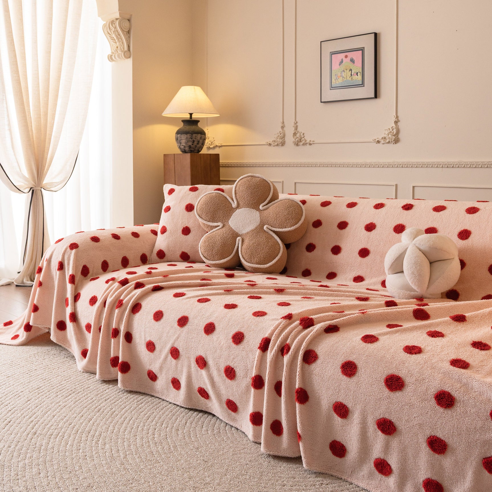 Plush Fleece Sofa Cover Throw, Soft Textured Polka Dot Couch Protector Blanket for Pets - Ornate Home