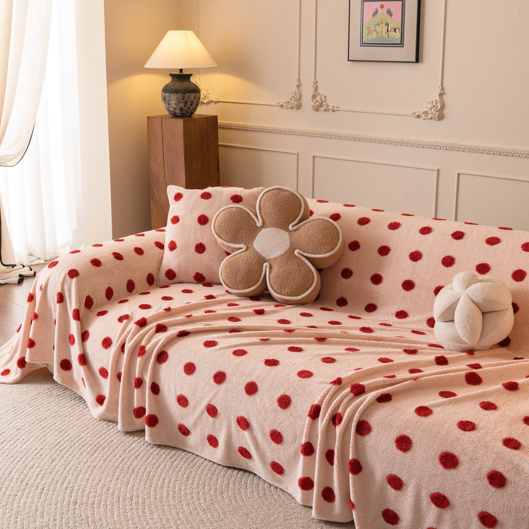 Plush Fleece Sofa Cover Throw, Soft Textured Polka Dot Couch Protector Blanket for Pets - Ornate Home