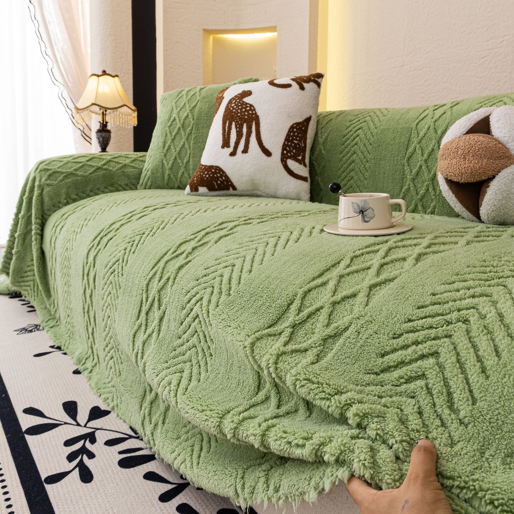 Plush Fleece Sofa Cover with 3D Cable Knit Texture Soft Cozy Warm Sofa Throw Blanket - Ornate Home