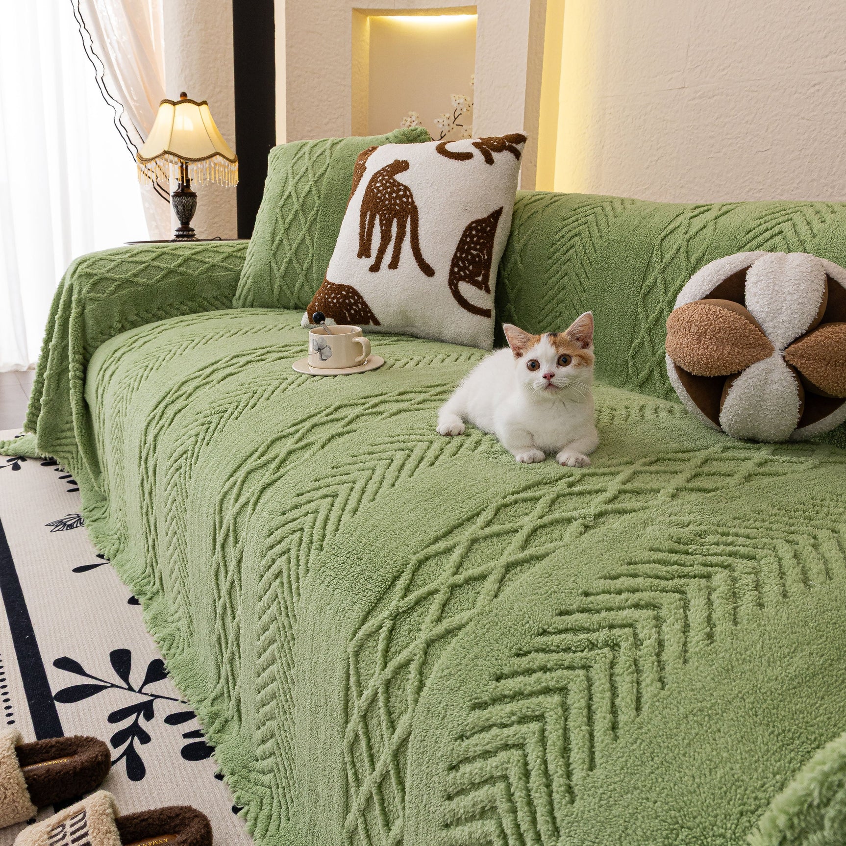 Plush Fleece Sofa Cover with 3D Cable Knit Texture Soft Cozy Warm Sofa Throw Blanket - Ornate Home