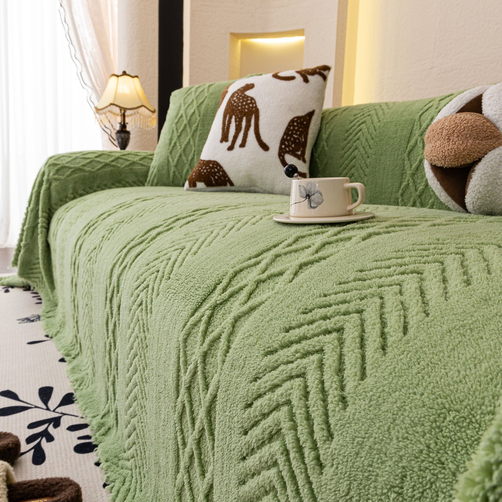 Plush Fleece Sofa Cover with 3D Cable Knit Texture Soft Cozy Warm Sofa Throw Blanket - Ornate Home