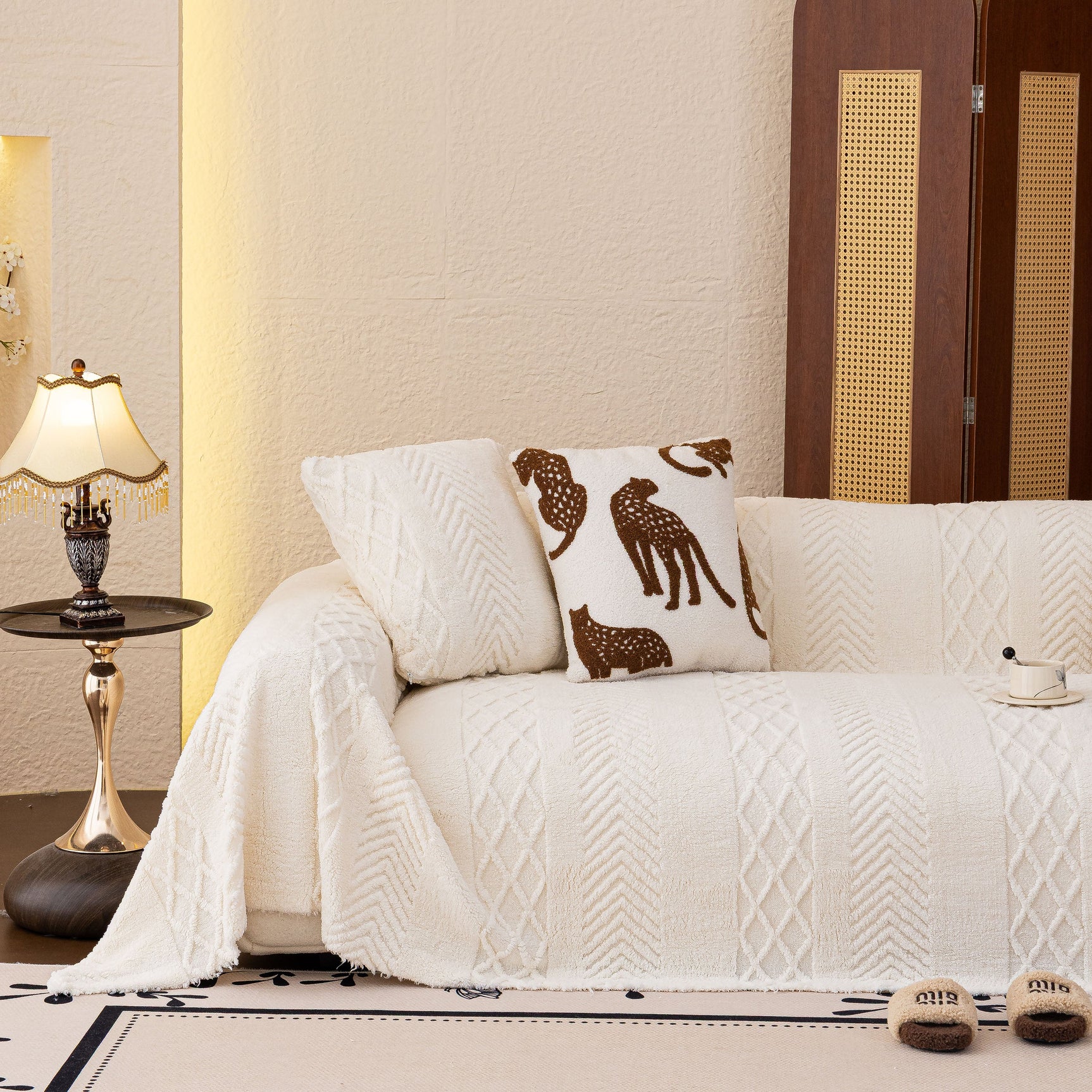 Plush Fleece Sofa Cover with 3D Cable Knit Texture Soft Cozy Warm Sofa Throw Blanket - Ornate Home
