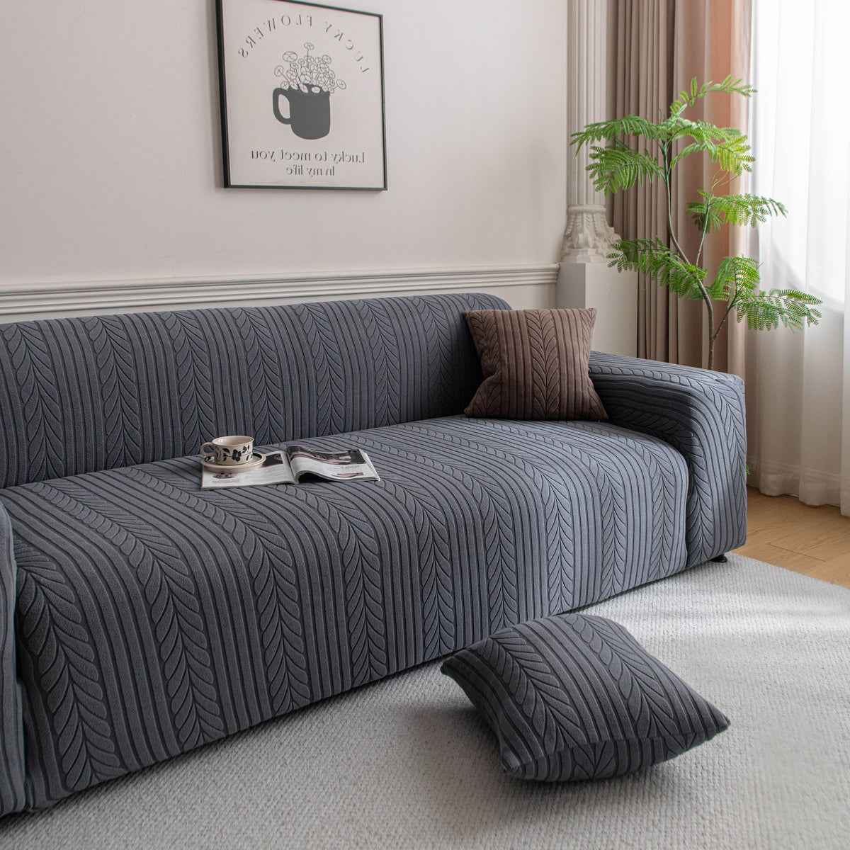 Plush Fleece Sofa Slipcover with 3D Wheat Pattern, Cozy High-Stretch Couch Cover - Ornate Home
