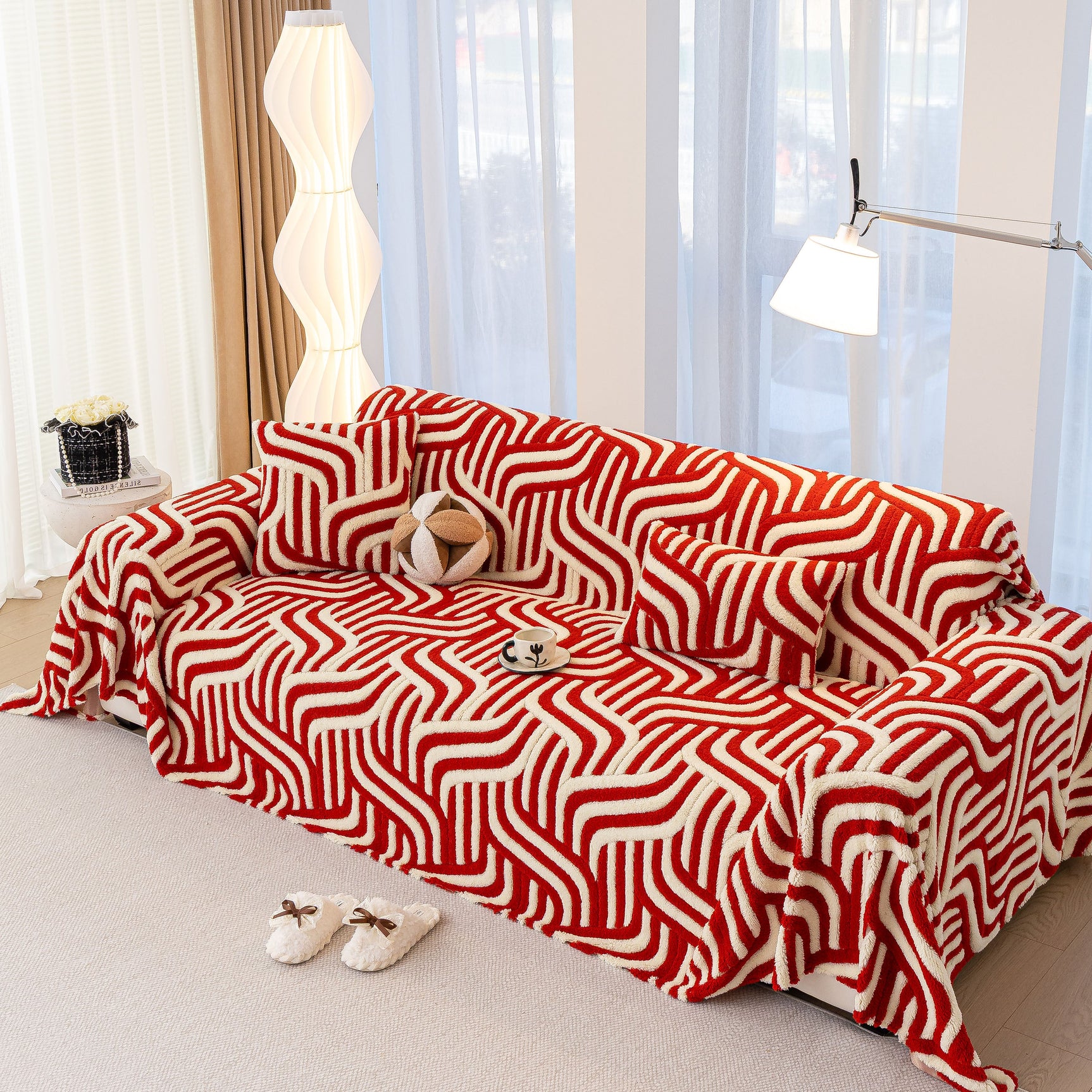 Plush Sherpa Sofa Throw Cover for Sectional, Jacquard Wave Throw Furniture Protector - Ornate Home